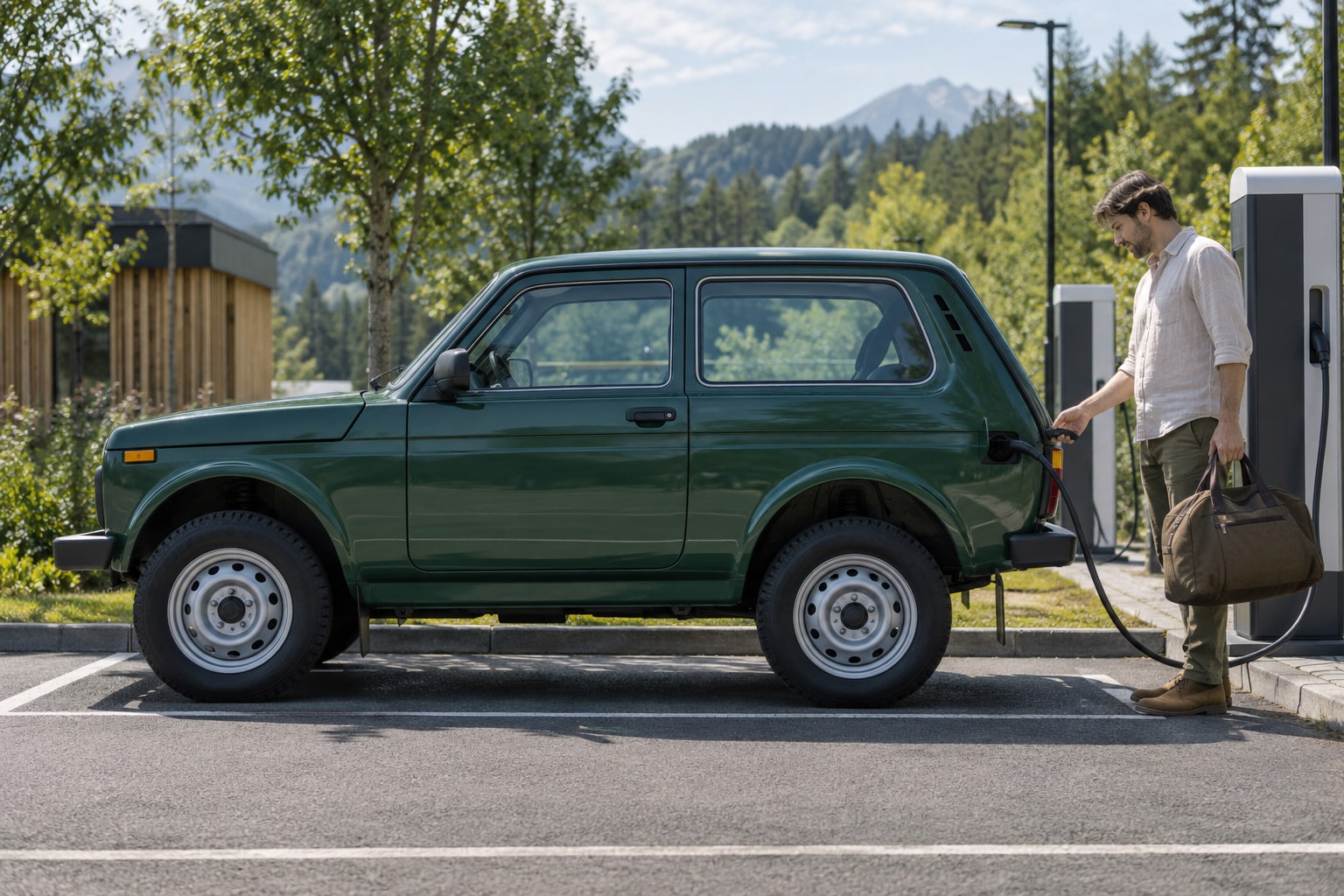 Lada Kfz-Versicherung: Geländewagen, ältere Pkw und mögliche Liebhabernutzung getrennt betrachten. Grüner klassischer Geländewagen an einem Haus: Lada Kfz-Versicherung