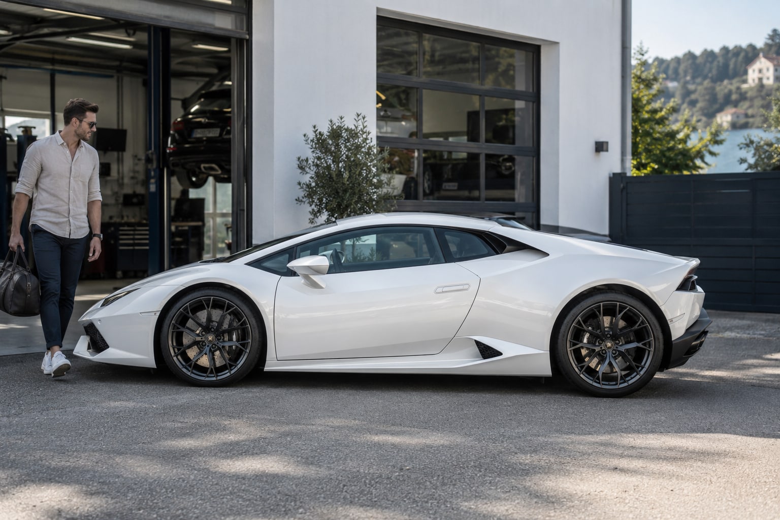 Weißer Sportwagen vor einer Garage: Lamborghini Kfz-Versicherung