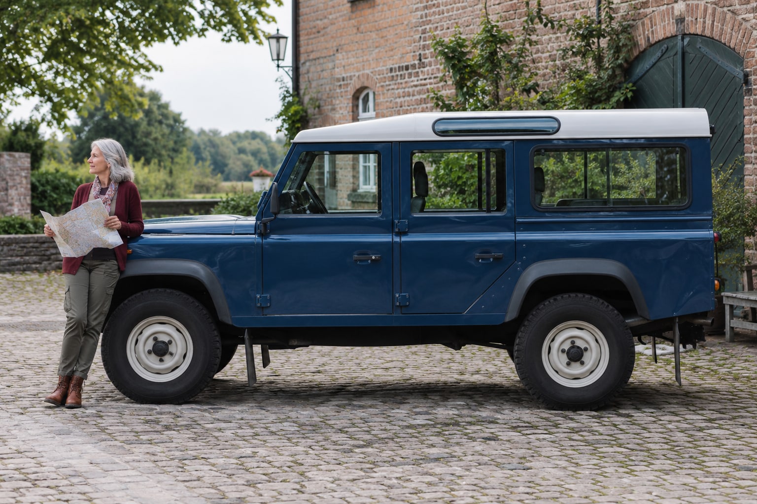 Land Rover Kfz-Versicherung: Baureihe, Generation und Geländeeinsatz unterscheiden. Land Rover Autoversicherung: Blauer klassischer Geländewagen vor einem Wohnhaus