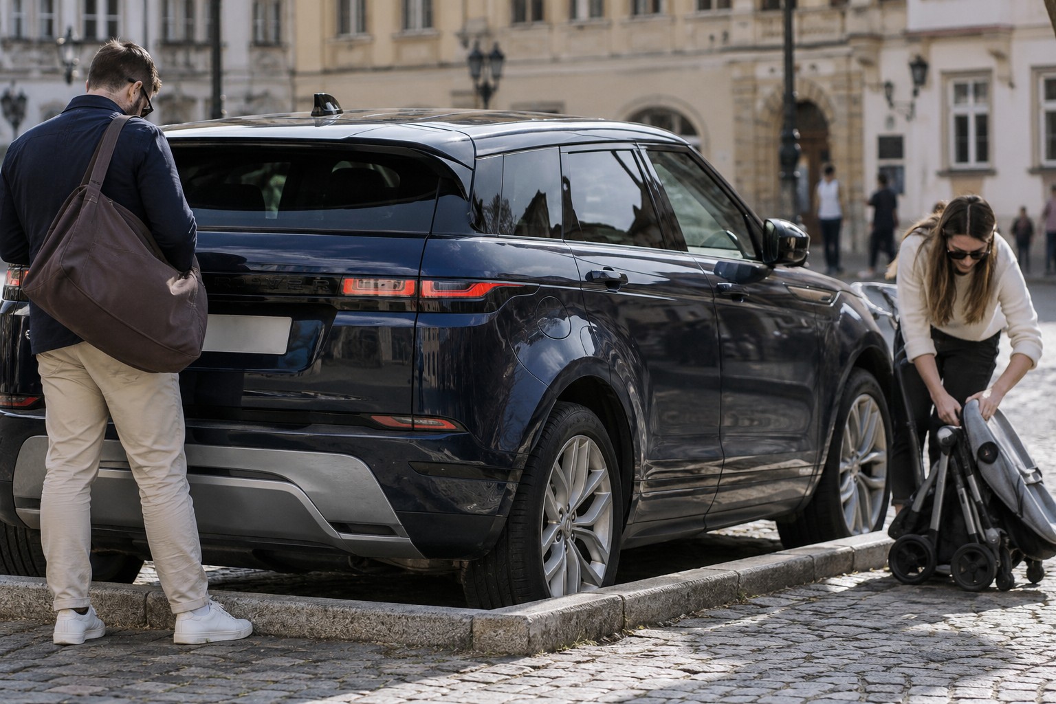 Dunkelblauer Land Rover Range Rover Evoque auf einem gepflasterten Stadtplatz neben einem zusammengeklappten Kinderwagen