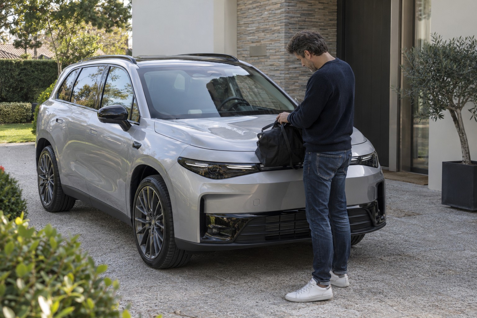 Leapmotor Autoversicherung: T03 und C10 richtig zuordnen Mann mit Tasche vor einem silbernen Leapmotor C10 auf einer Hauseinfahrt