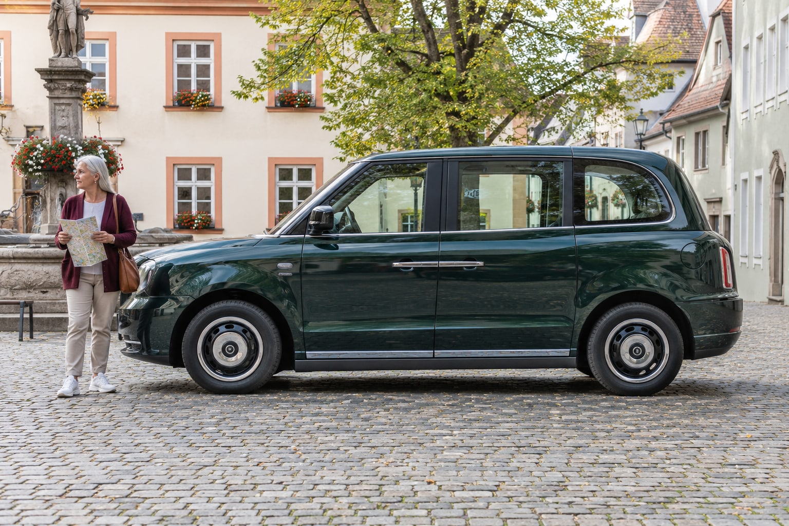 LEVC Autoversicherung: Grünes Stadttaxi auf einem gepflasterten Platz