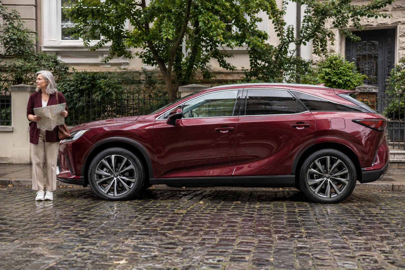 Lexus RX Autoversicherung: Generation, Hybridart und hochwertigen Kaskobedarf gemeinsam betrachten. Bordeauxroter großer SUV im Innenhof: Lexus RX Kfz-Versicherung
