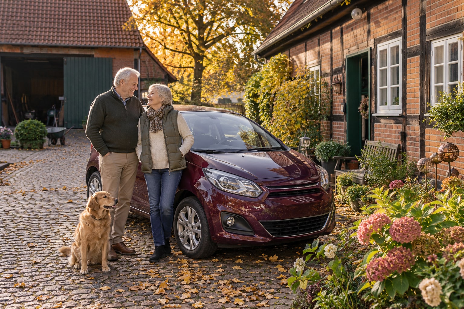 LSH und Autoversicherung: Wohnhaus, Hof und privat genutzten Pkw als unterschiedliche Risiken betrachten. Älteres Paar mit Hund neben einem roten Pkw auf einem norddeutschen Hof