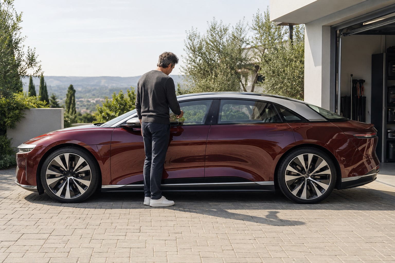 Lucid Kfz-Versicherung: elektrische Limousine und SUV mit eigenen Fahrzeugdaten und Kaskoleistungen vergleichen. Bordeauxrote flache Limousine vor einem Garten: Lucid Autoversicherung