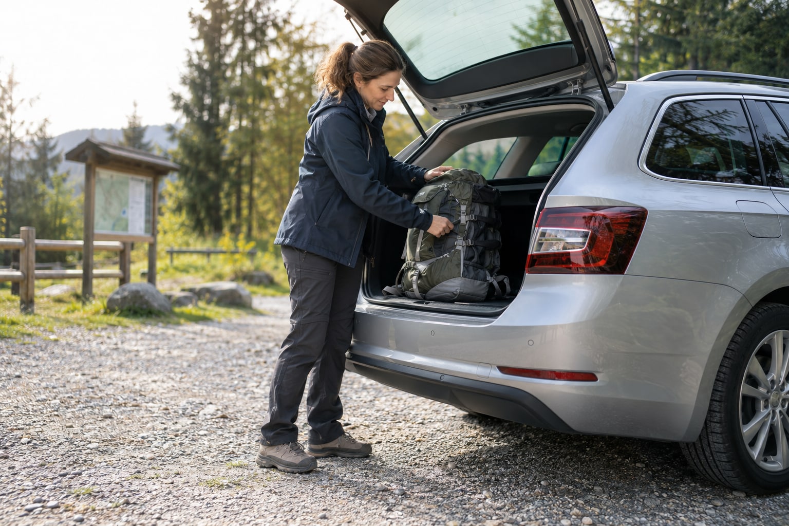 LVM Kfz-Versicherung: Freie Werkstattwahl und organisierter Reparaturservice lassen sich gezielt abwägen. Frau lädt einen Rucksack in den Kofferraum eines silbernen Kombis an einem Wanderparkplatz