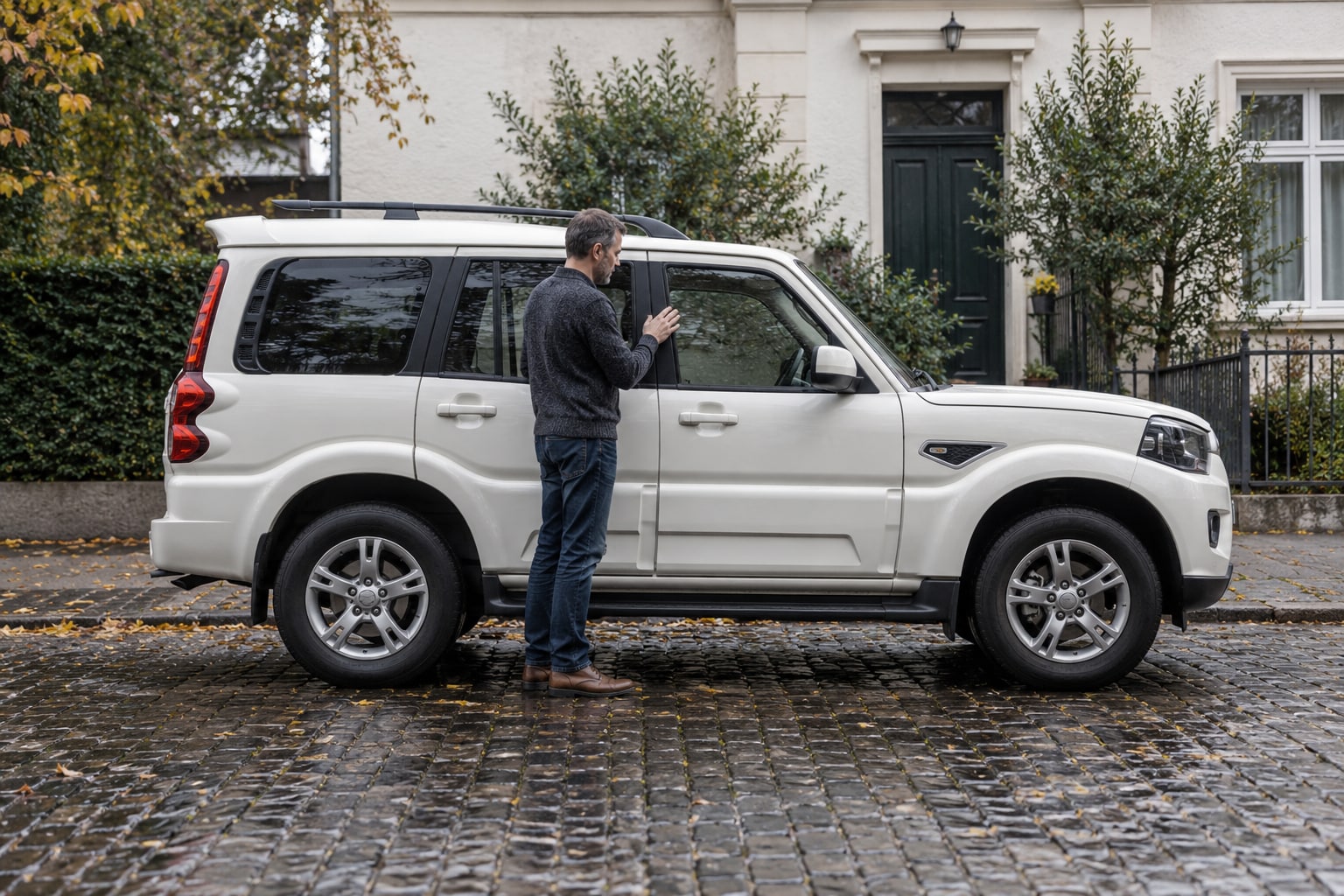 Mahindra Kfz-Versicherung: importierte Geländewagen anhand eigener Modell- und Zulassungsdaten erfassen. Weißer kantiger Geländewagen vor einem Haus: Mahindra Kfz-Versicherung