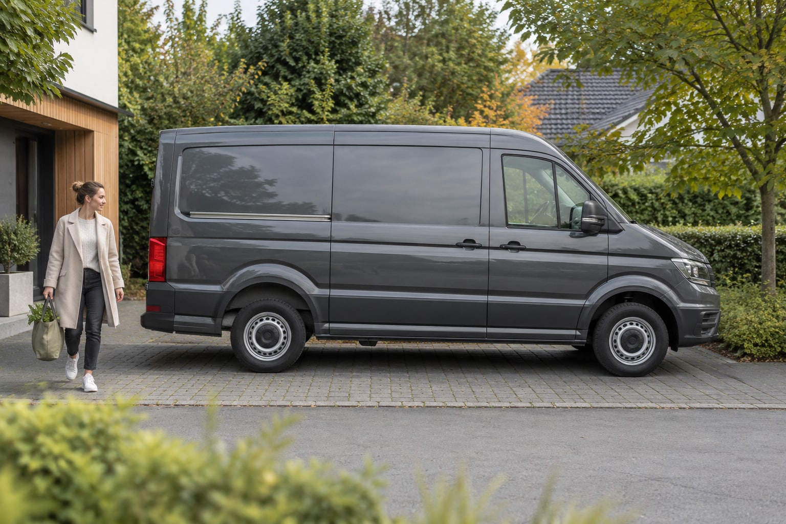 MAN Kfz-Versicherung: Transporter, Fernverkehr und schwere Arbeitsfahrzeuge getrennt absichern. MAN Nutzfahrzeugversicherung: Grauer MAN-Transporter auf einer Einfahrt als Illustration zur Versicherung von Nutzfahrzeugen