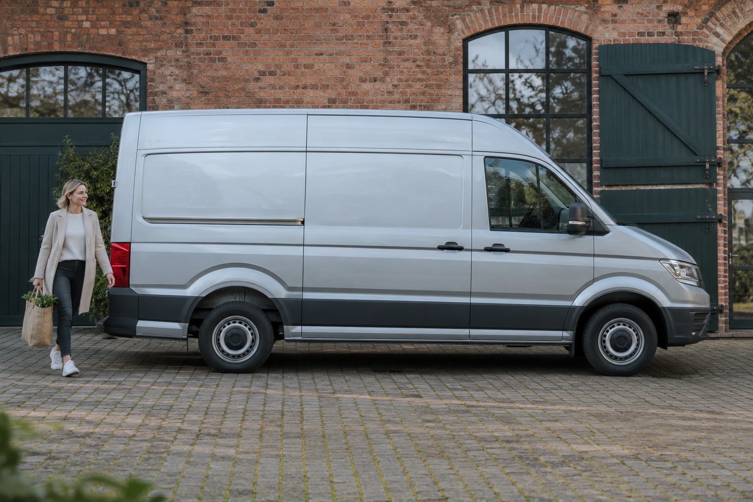 MAN TGE: silberner Transporter vor einer Werkstatt