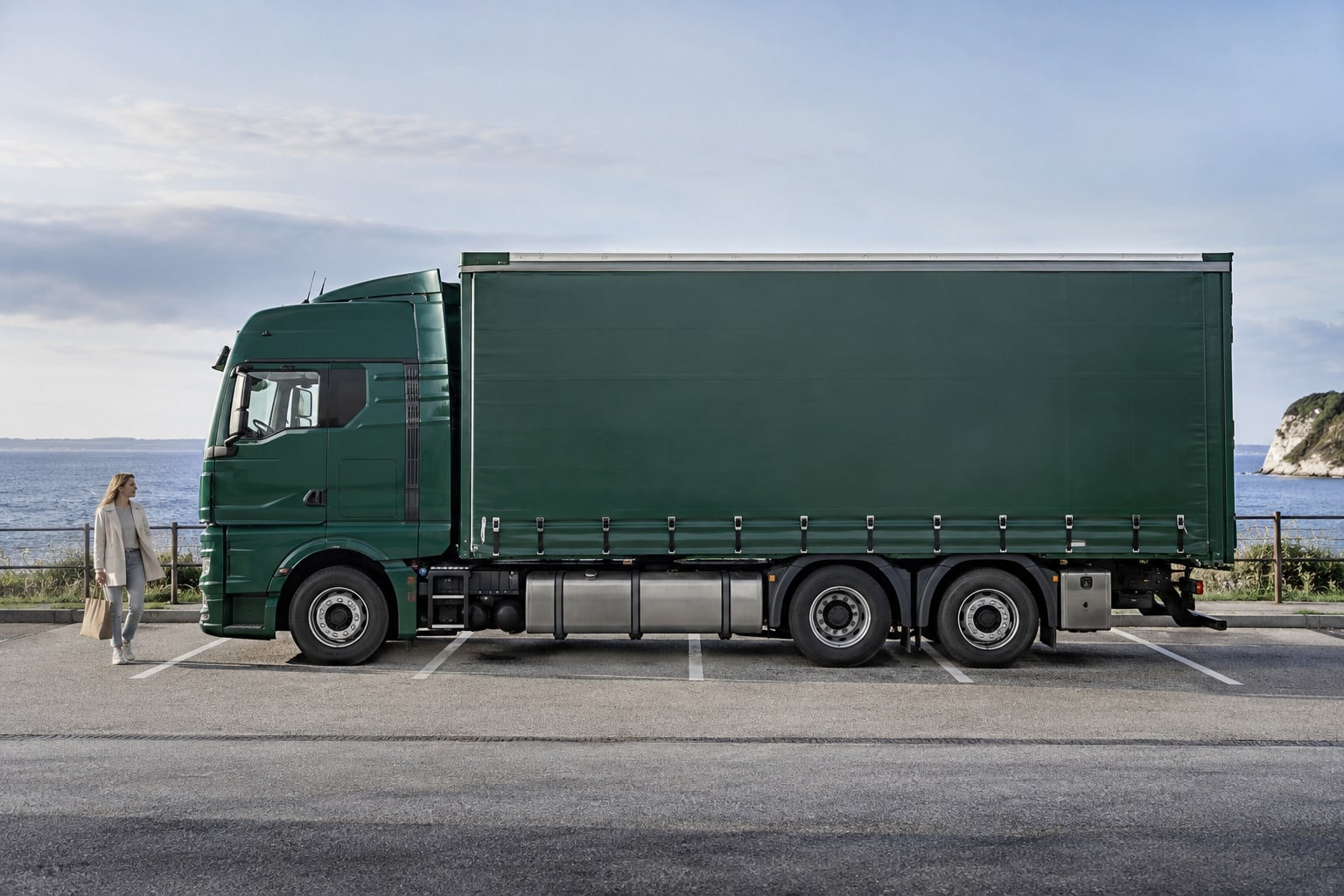 MAN TGX Kfz-Versicherung: Fernverkehr, Zugmaschine und schwere Bergung im Vertragsumfang abgleichen. MAN TGX: grüner großer Kofferlastwagen auf einer Straße