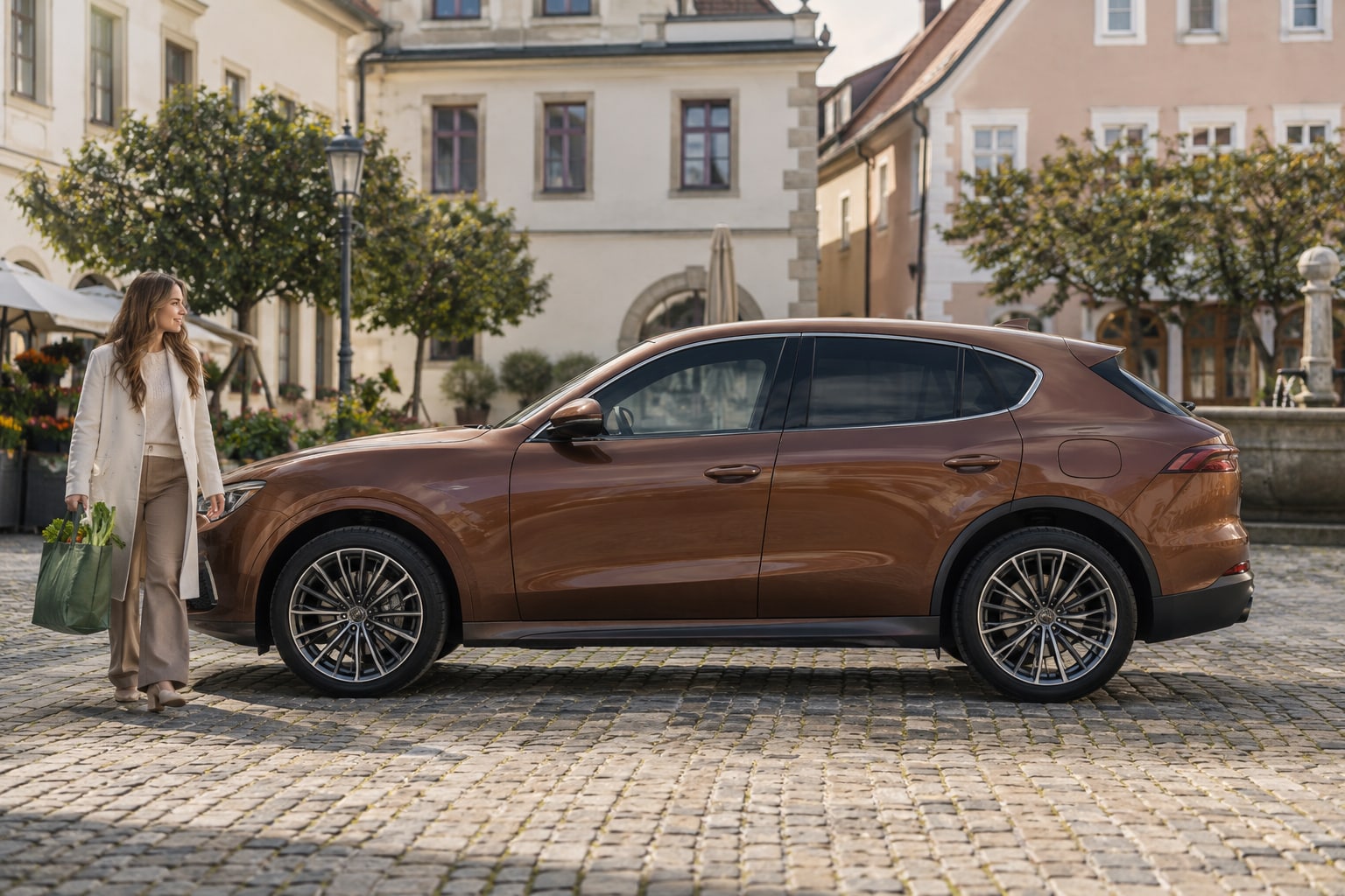 Maserati Grecale Autoversicherung: Folgore-Elektroantrieb und andere SUV-Varianten passend zuordnen. Bronzefarbener SUV auf einem Altstadtplatz: Maserati Grecale Kfz-Versicherung