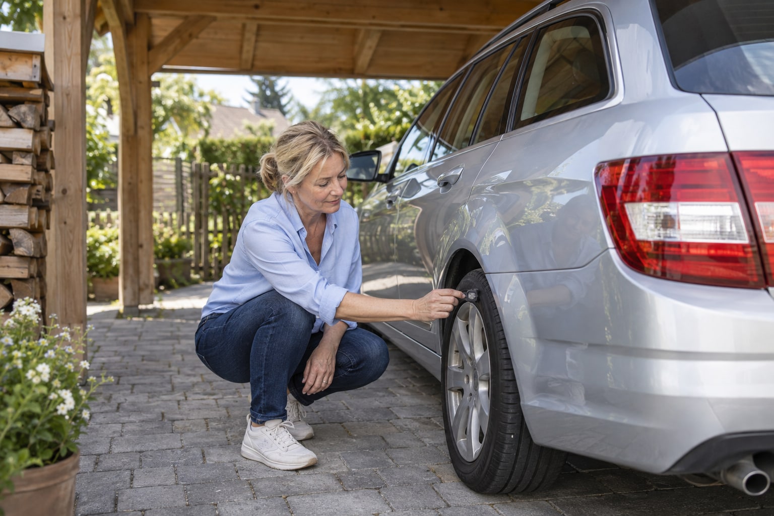 Mecklenburgische Autoversicherung: Frau prüft ein Hinterrad am silbernen Kombi unter einem Carport