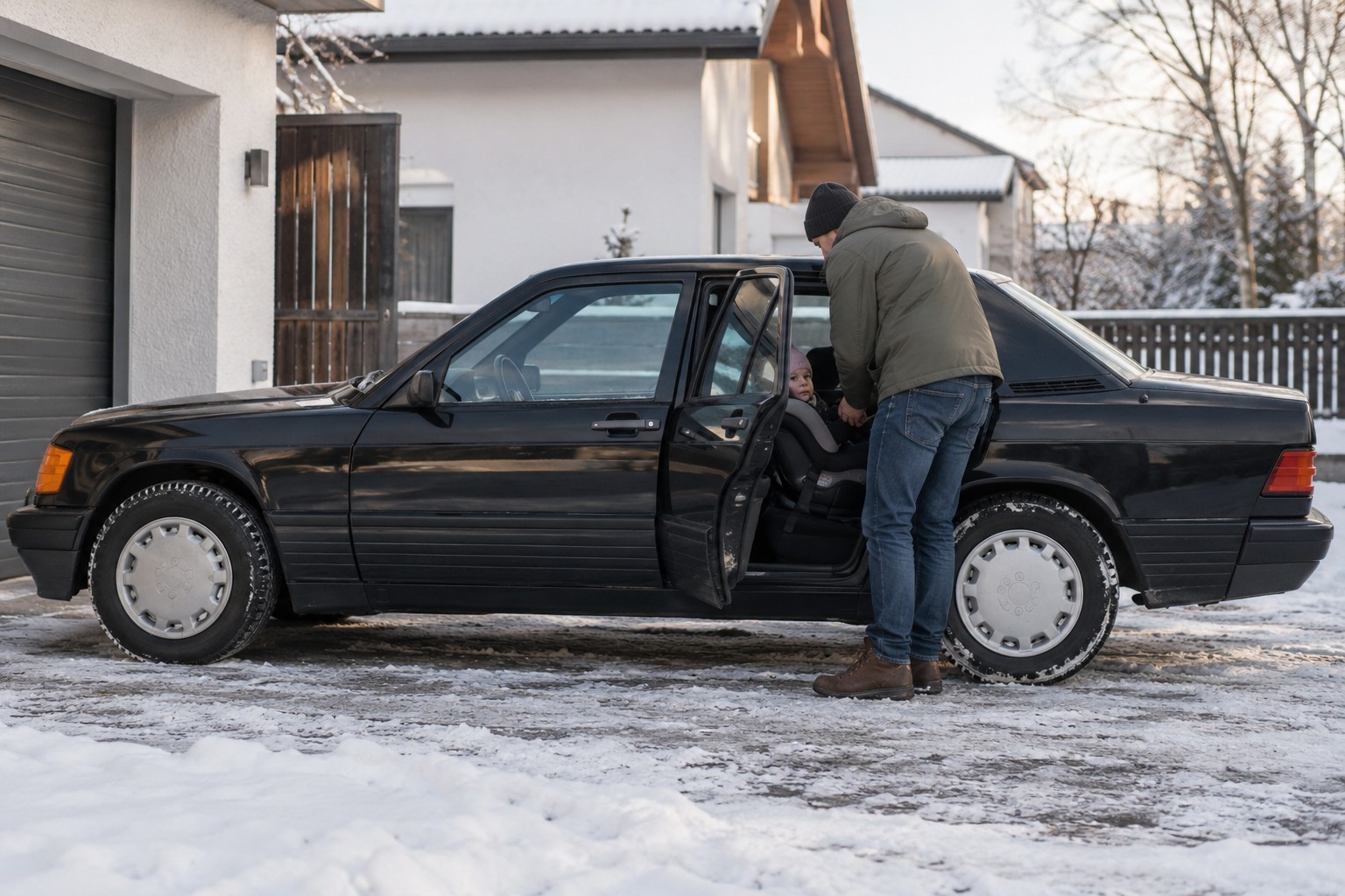 Schwarzer Mercedes-Benz 190 (W201) auf einer Einfahrt mit geöffneter hinterer Tür und Kindersitz