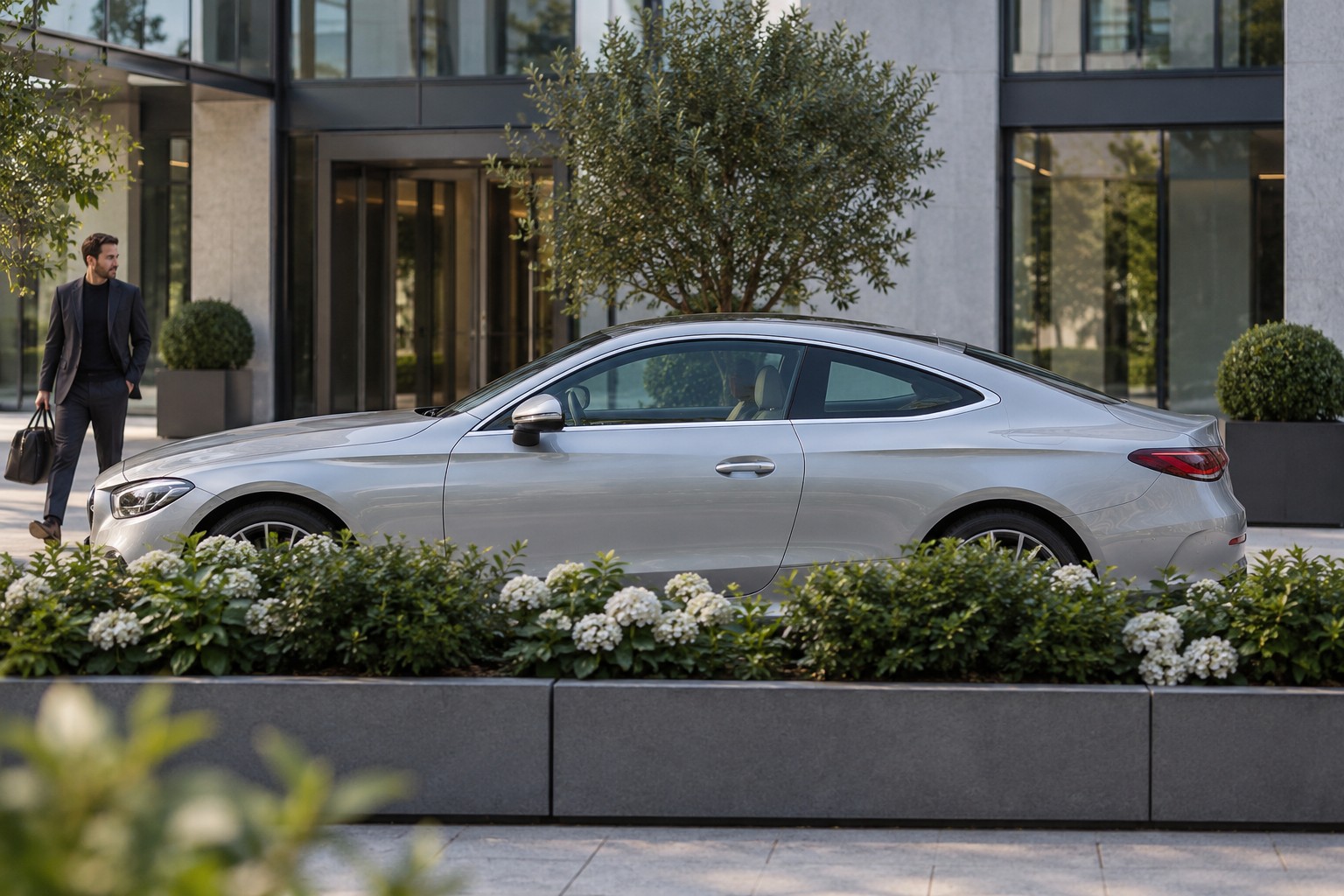 Mercedes-Benz CLE Coupé – Fahrzeug und Versicherung Mercedes-Benz CLE Coupé im Seitenprofil; silberner Wagen mit natürlichen Vordergrundpflanzen