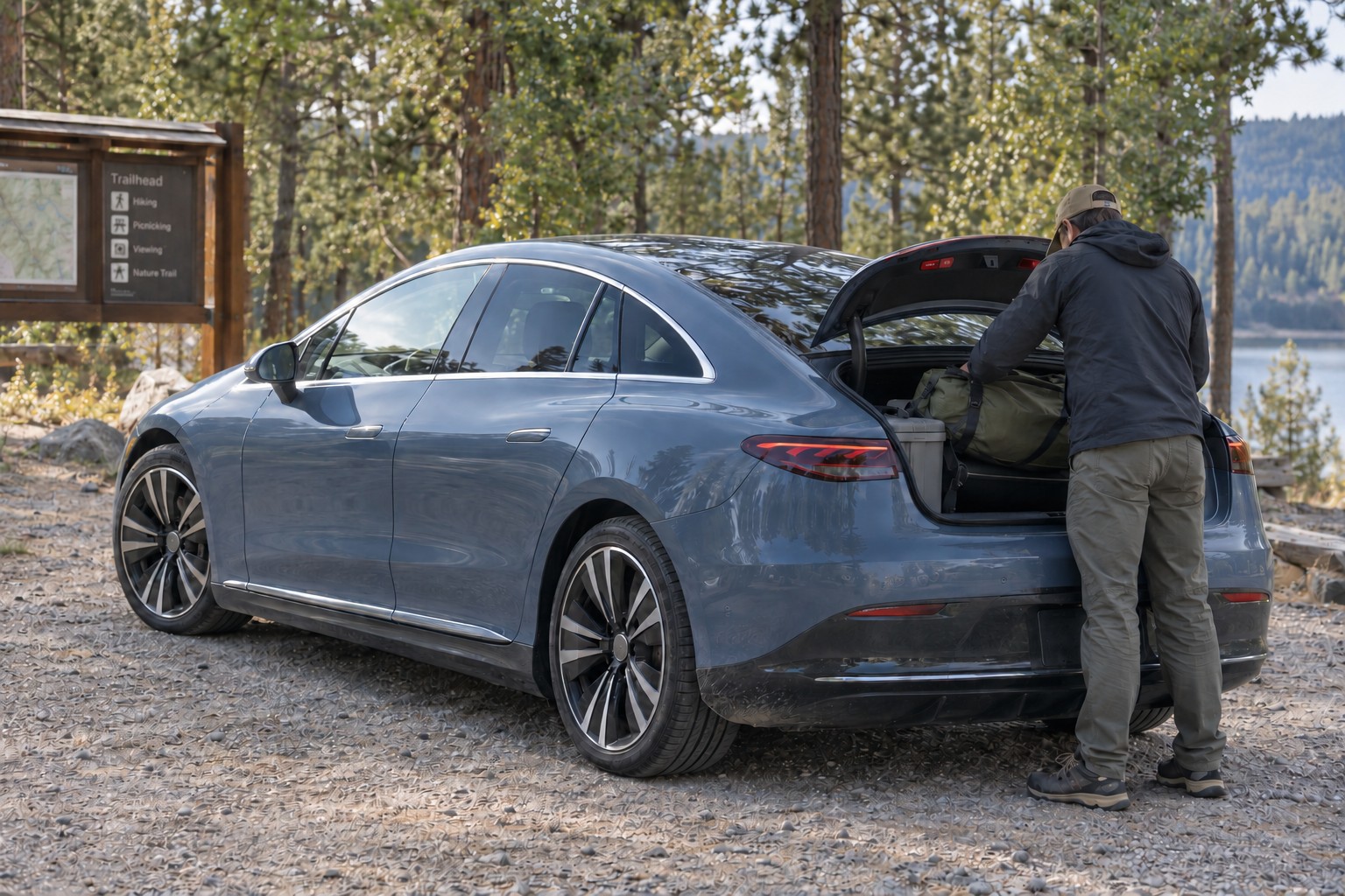 Mercedes-Benz EQE – Elektrolimousine und eigenes SUV Mann lädt eine Tasche in den Kofferraum einer blaugrauen Mercedes EQE-Limousine am Waldrand