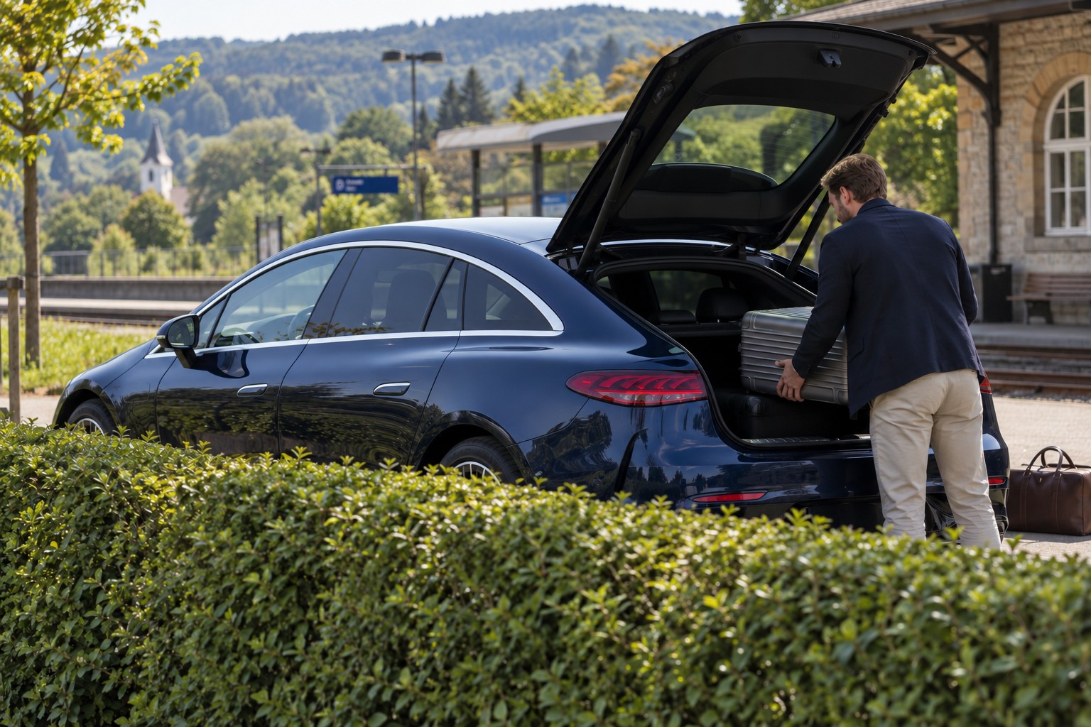 Mann lädt einen Koffer ins offene Heck einer dunkelblauen Mercedes EQS-Limousine am Bahnhof, davor steht eine niedrige Hecke