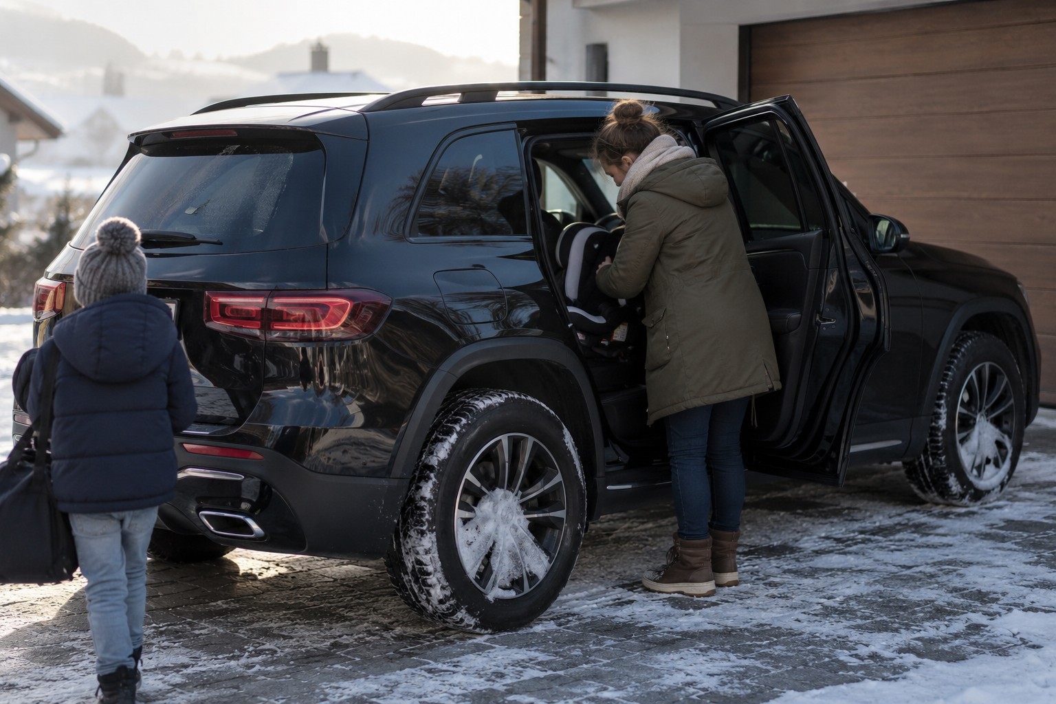 Mercedes-Benz GLB: Fünf oder sieben Sitze und Verbrenner- oder Elektroantrieb gehören beim GLB zur Variantenprüfung. Schwarzer Mercedes-Benz GLB auf einer Einfahrt mit geöffneter hinterer Tür und Kindersitz
