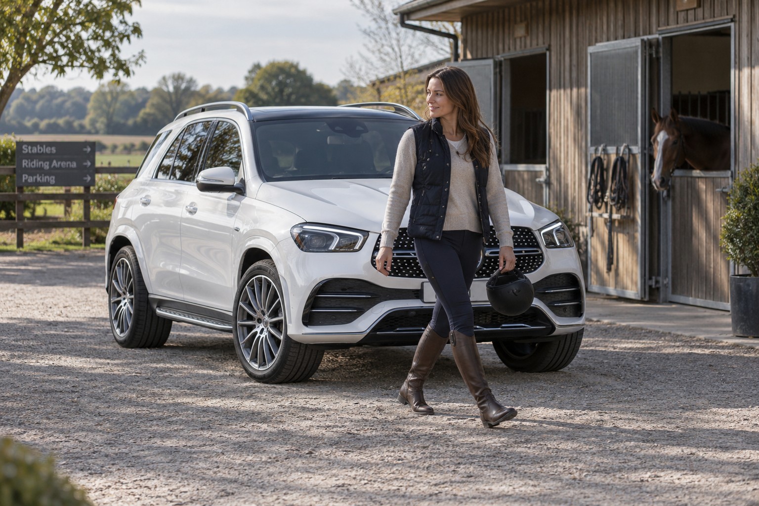 Weißer Mercedes-Benz GLE an einem Reitstall; eine Frau trägt einen Reithelm