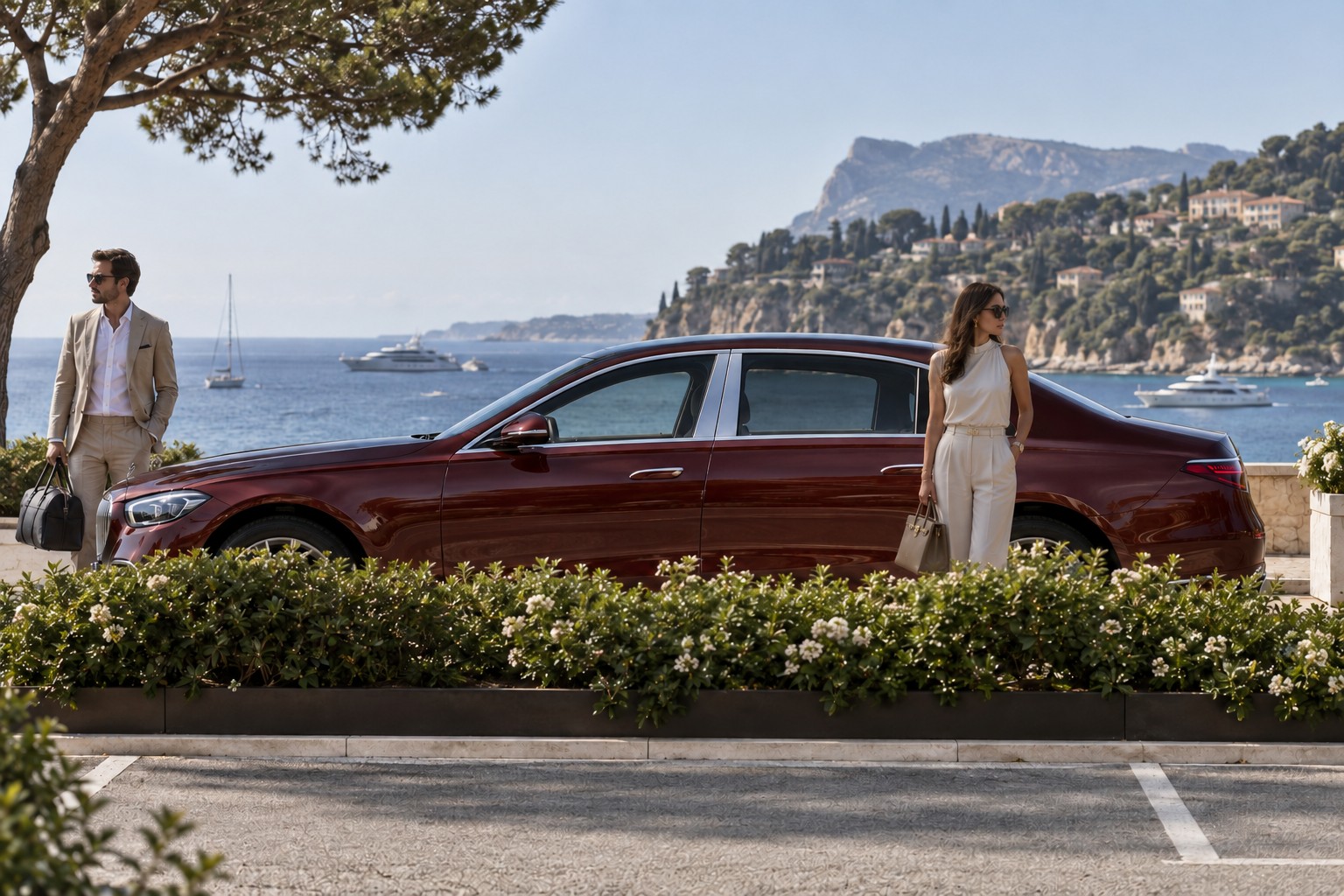Mercedes-Maybach S-Klasse Versicherung: Fahrzeugwert und Ausstattung Dunkelrote Mercedes-Maybach S-Klasse im Seitenprofil auf einem Küstenparkplatz
