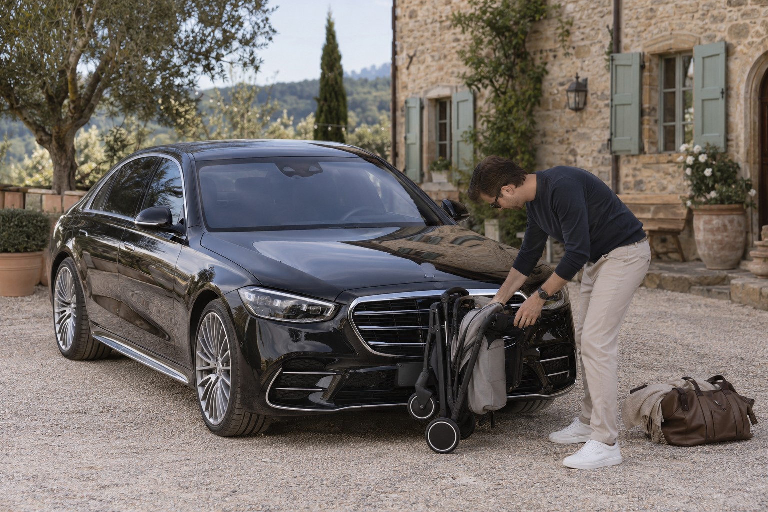 Mann mit Kinderwagen vor einer schwarzen Mercedes S-Klasse auf einem ländlichen Hof
