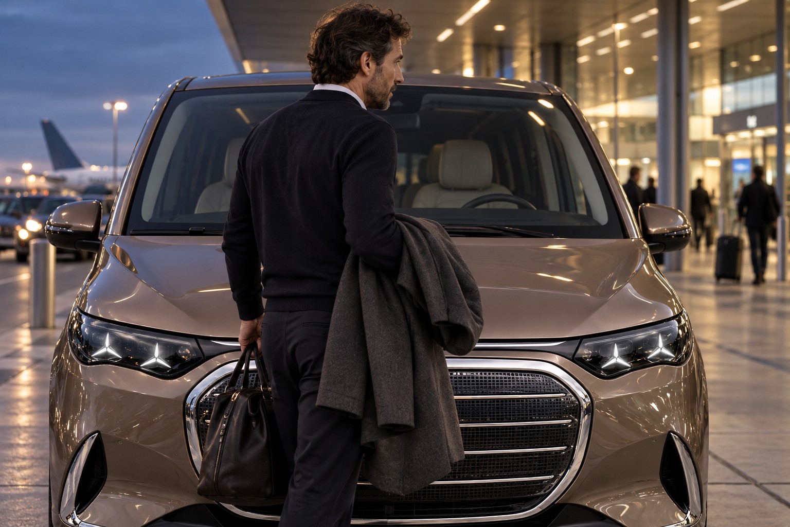 Person mit Mantel vor einem bronzefarbenen Mercedes VLE am Flughafen