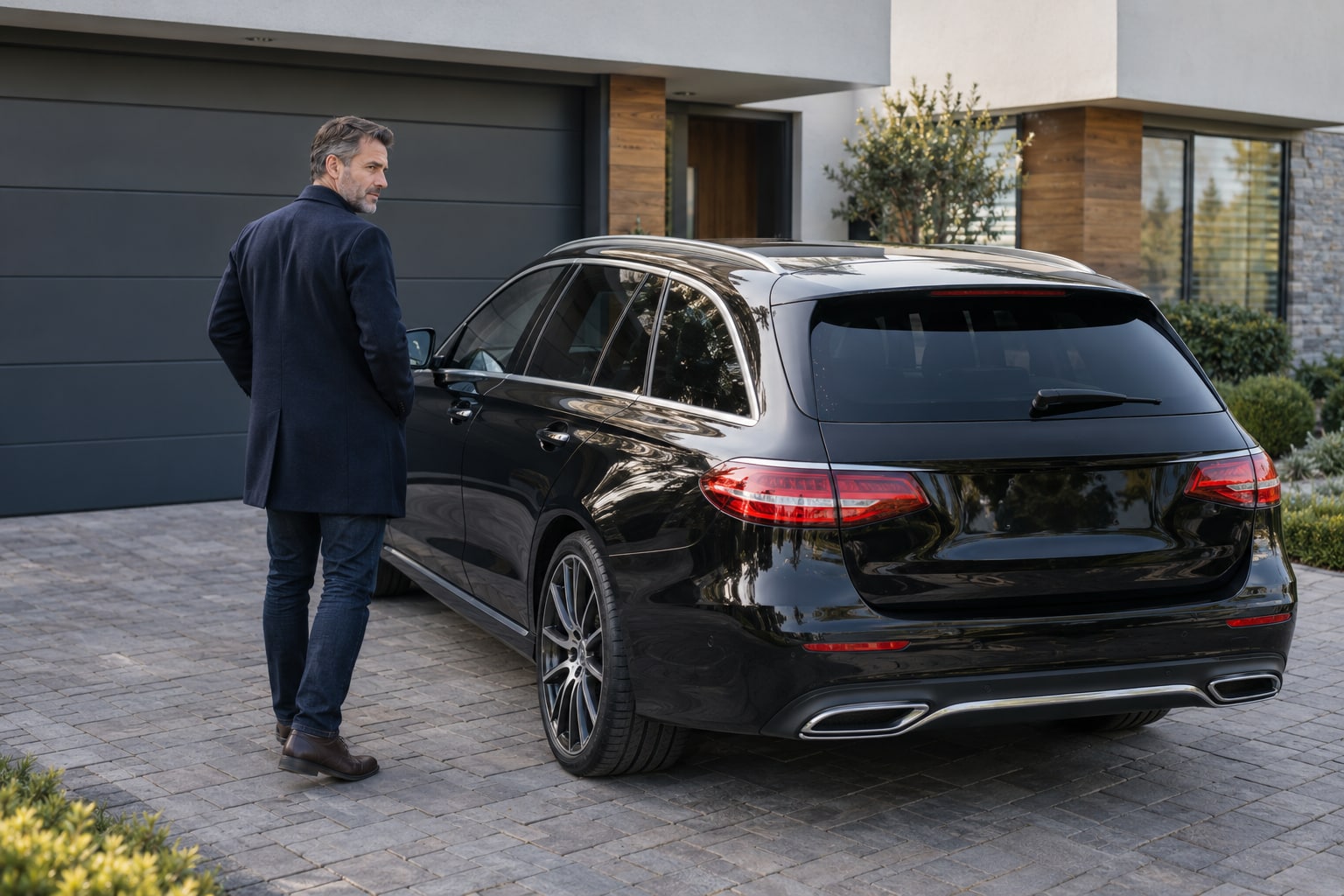 Mercedes Kfz-Versicherung: Passt ein Telematikangebot oder ein spezielles AMG-Konzept? Mercedes-Benz Autoversicherung: Mann neben einem schwarzen Oberklasse-Kombi in einer Einfahrt