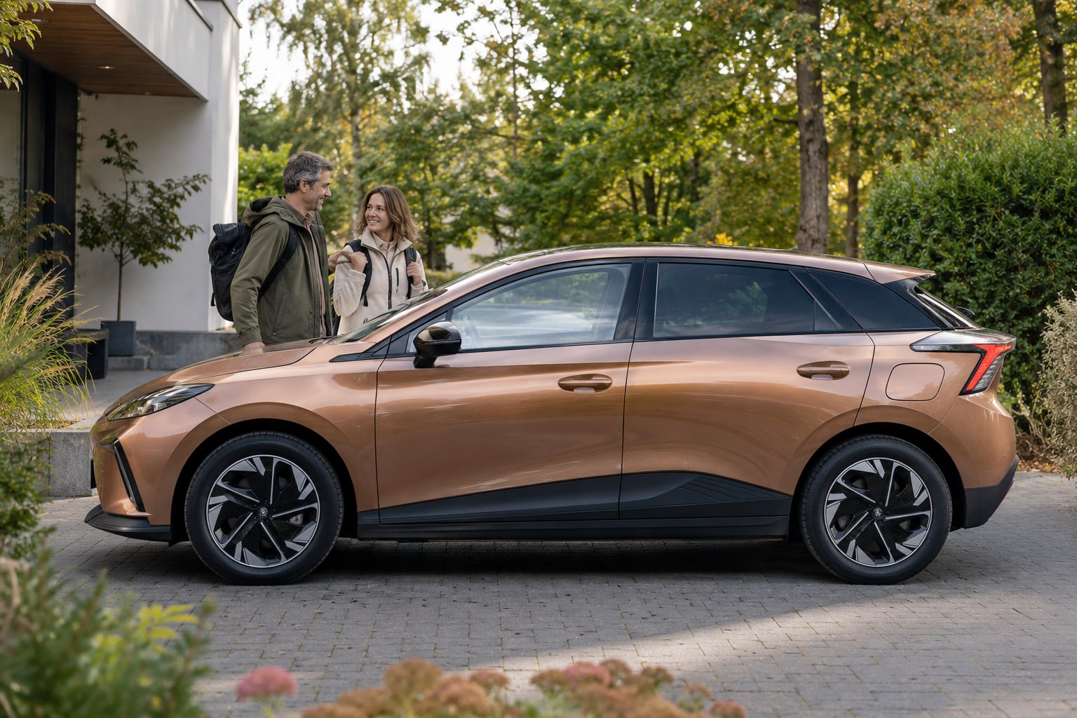 Bronzefarbener Schrägheckwagen vor einem Garten: MG Autoversicherung