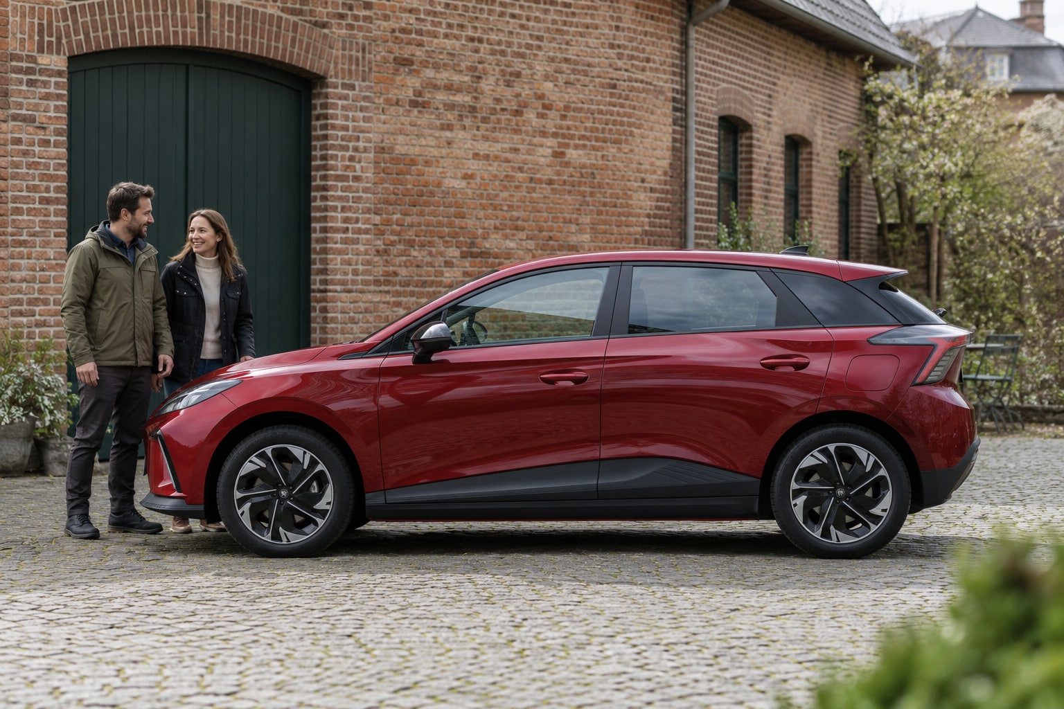 MG4 Autoversicherung: elektrische Ausführung und sportlichen XPower mit eigenen Typdaten erfassen. Roter kompakter Schrägheckwagen vor einer Backsteinscheune: MG MG4 Kfz-Versicherung
