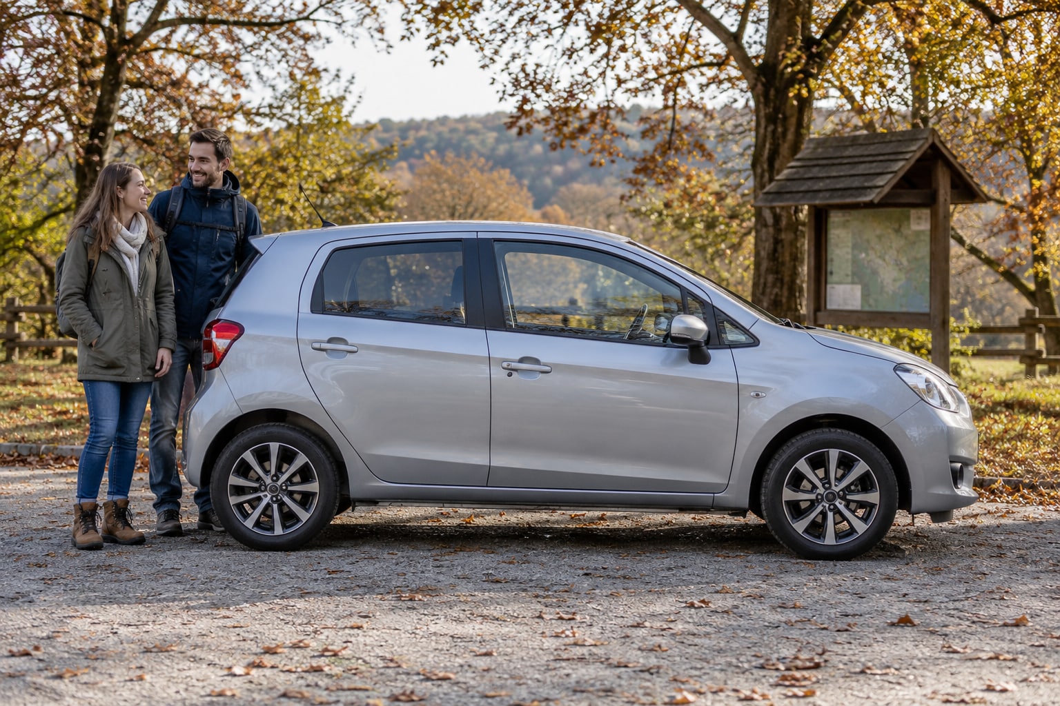 Mitsubishi Autoversicherung: Colt, ASX und Outlander mit eigenen Generationen- und Antriebsdaten erfassen. Silberner Kompaktwagen mit Paar vor einer Waldkulisse: Mitsubishi Autoversicherung