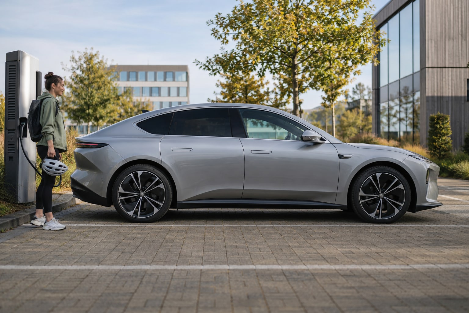 Nio ET5: silberne Limousine mit Mann vor einem Glasgebäude