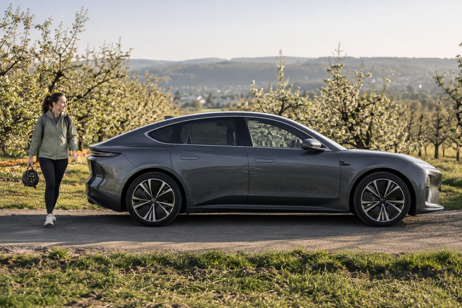 Nio Kfz-Versicherung: Elektrofahrzeug und Batterie-Eigentum beziehungsweise BaaS-Miete zusammen prüfen. Nio Autoversicherung: Graue Limousine mit Frau an einer Wiese