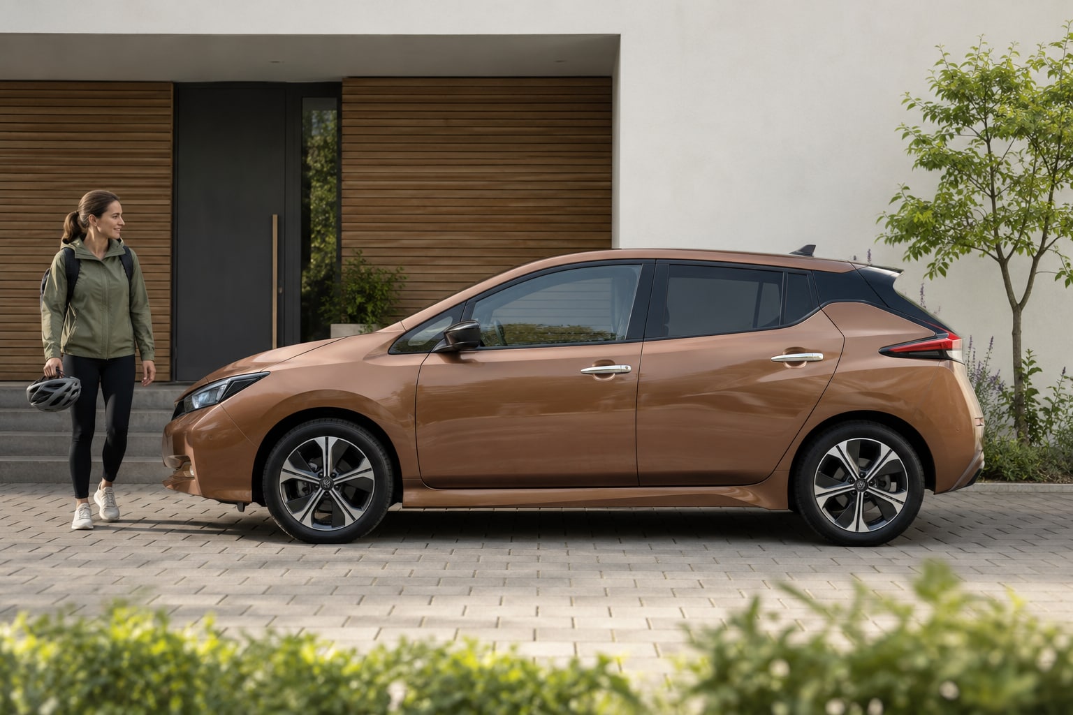 Nissan Leaf Autoversicherung: elektrische Generation, Batterie und Ladeanschluss berücksichtigen. Bronzefarbener Elektro-Kompaktwagen mit Frau an einer Garage: Nissan Leaf Kfz-Versicherung