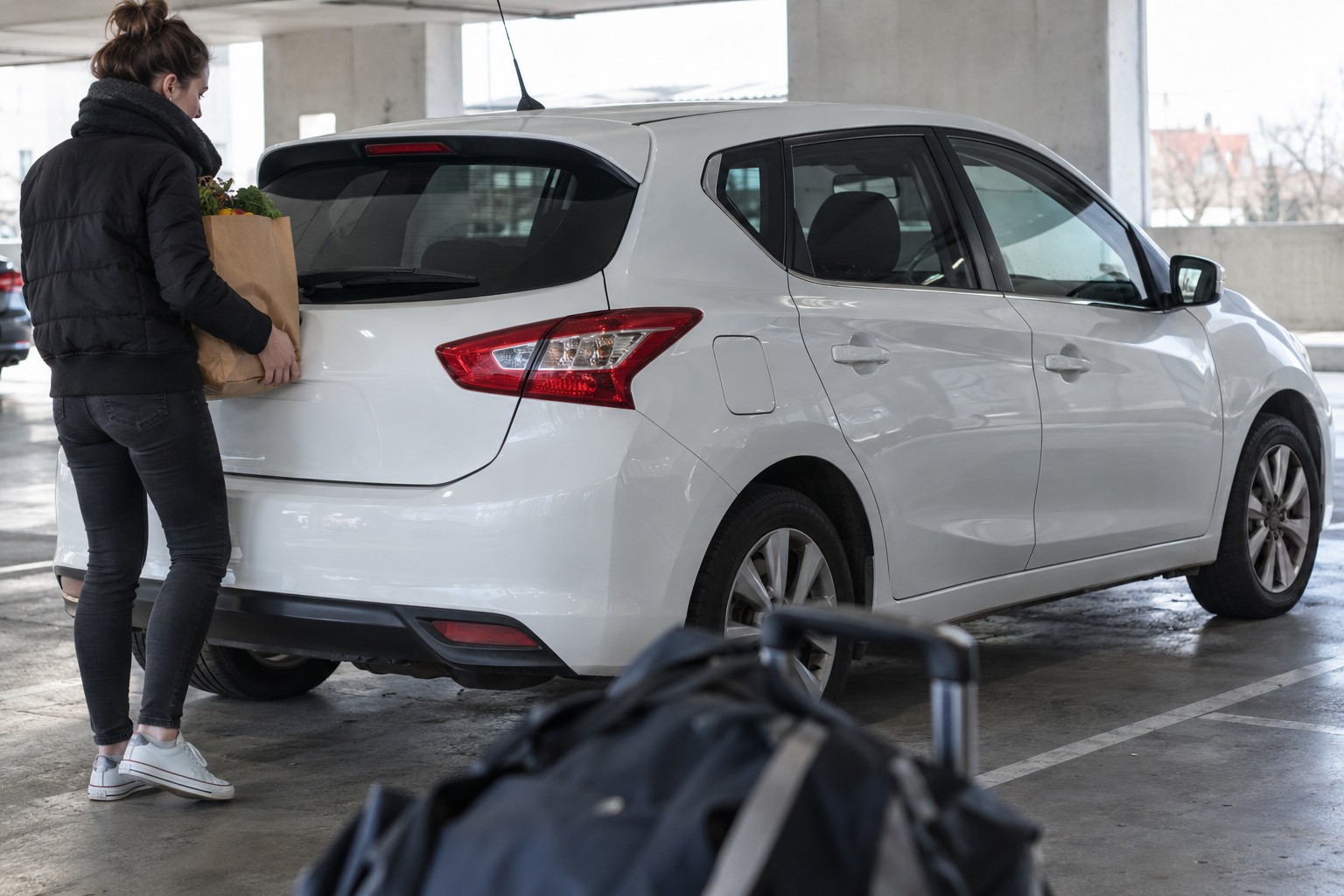 Nissan Pulsar Versicherung: Benziner und dCi Weißer Nissan Pulsar in einem hellen Parkhaus neben Einkaufskartons