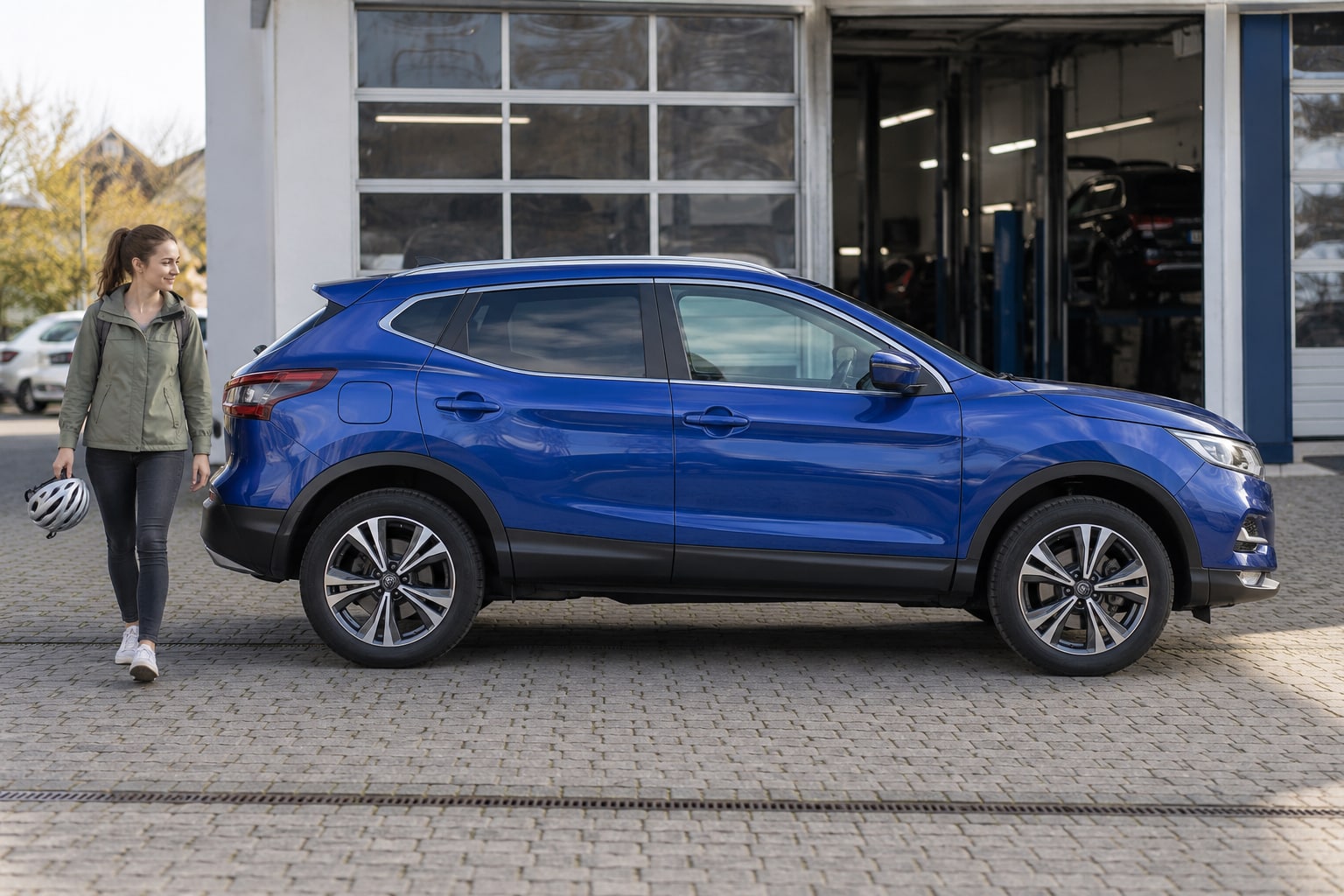 Nissan Qashqai Autoversicherung: e-Power, Mildhybrid und ältere Generationen getrennt zuordnen. Blauer SUV mit Frau auf einer Einfahrt: Nissan Qashqai Kfz-Versicherung