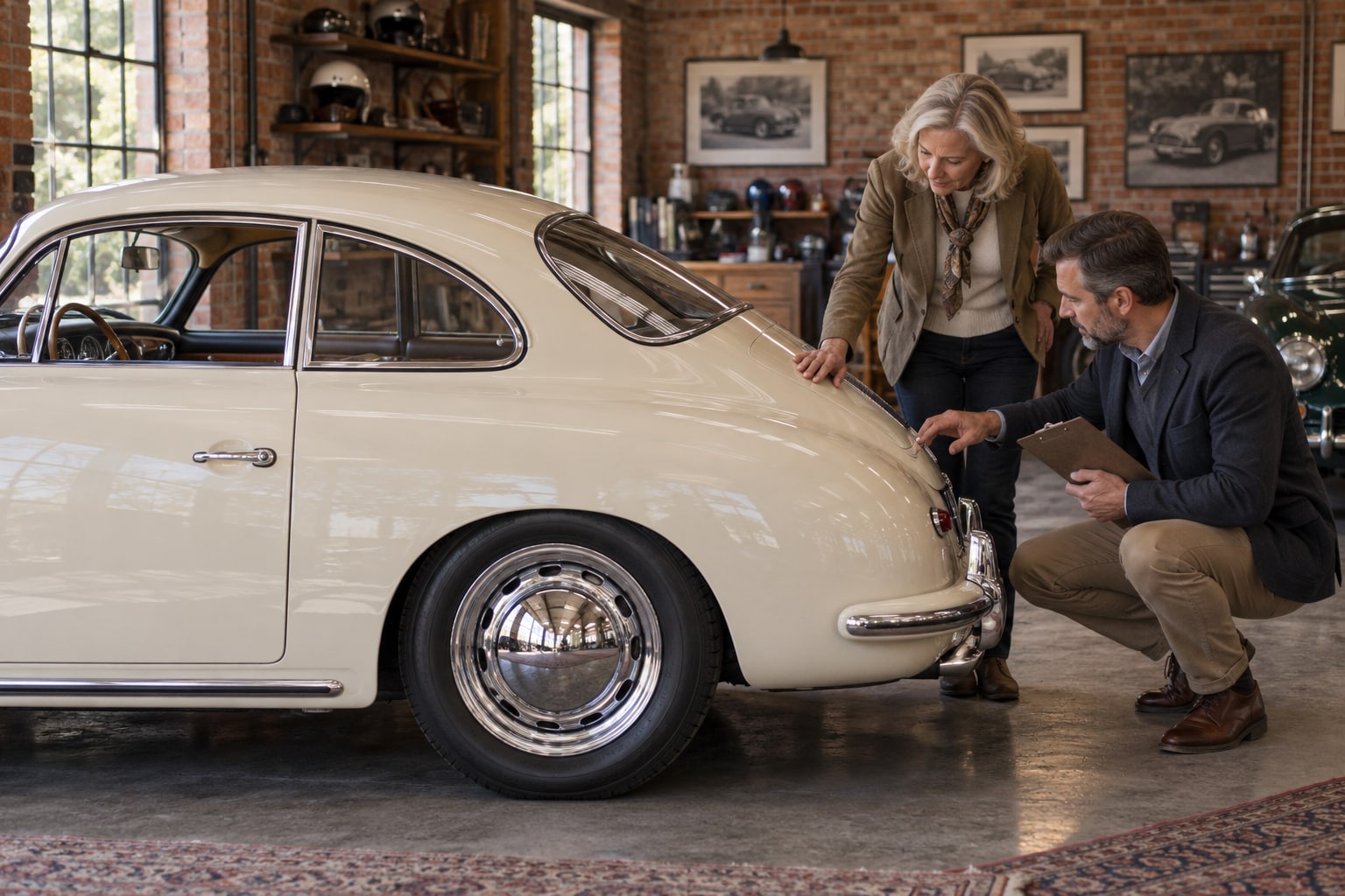Fahrzeughalterin und Gutachter betrachten ein cremefarbenes Oldtimer-Coupé in einer Backsteingarage