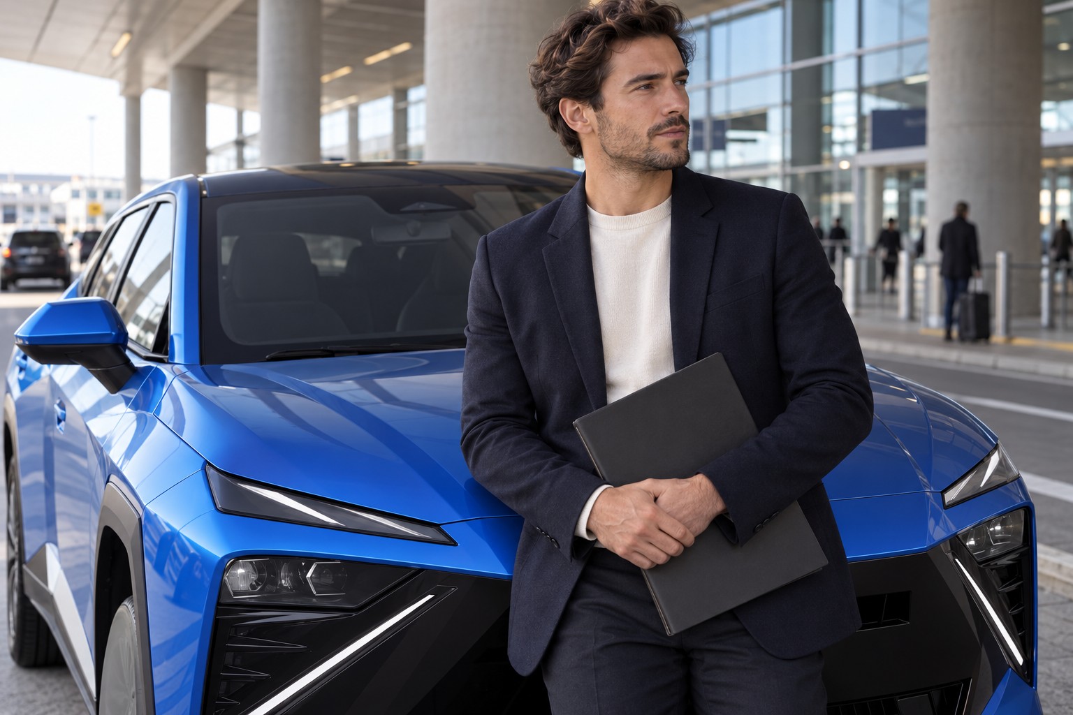 Omoda 4 Versicherung: Name aus den Fahrzeugpapieren Person mit Unterlagen vor einem blauen Omoda 4 am Flughafenterminal