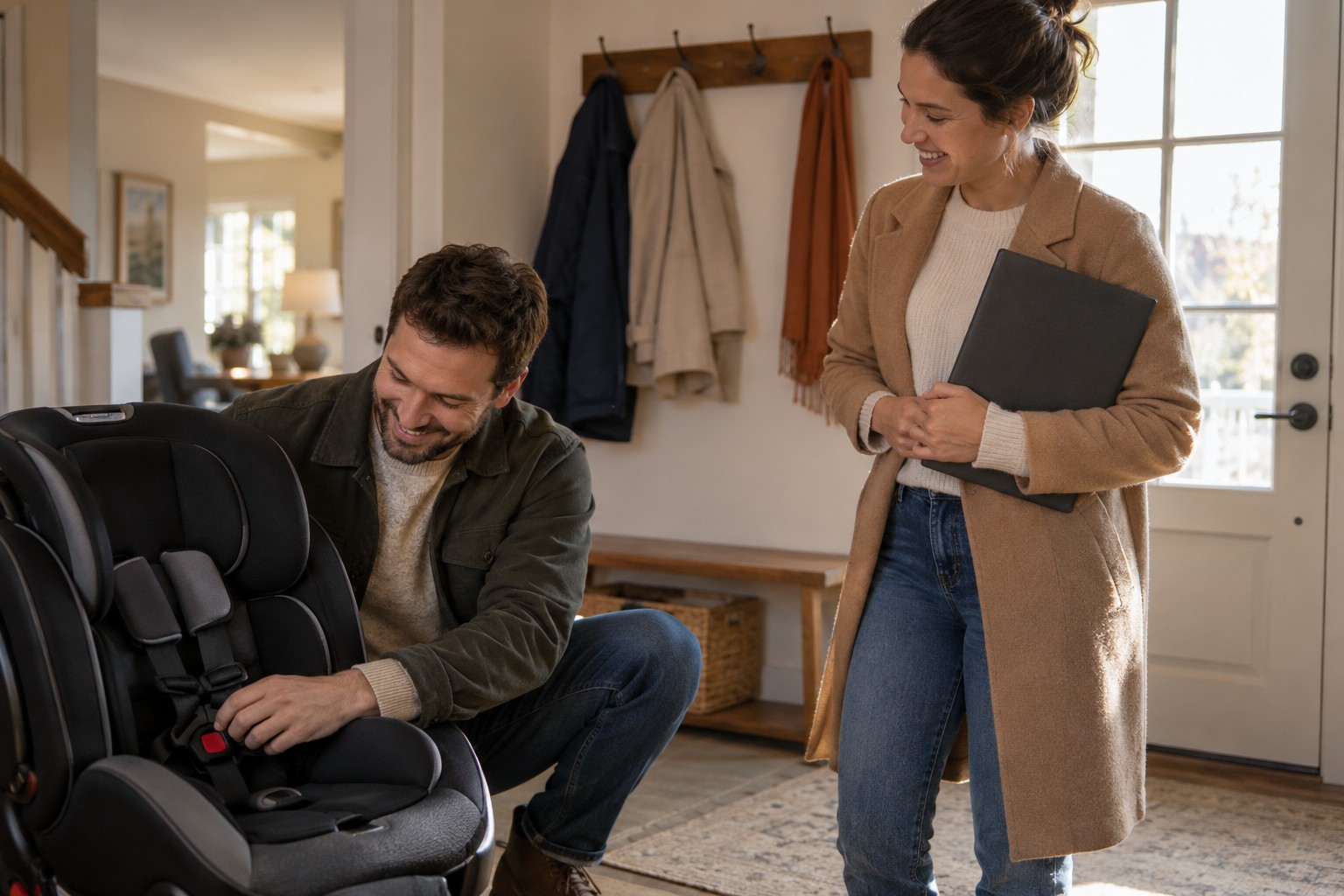 Paar mit Kindersitz und Fahrzeugunterlagen in einem Hauseingang