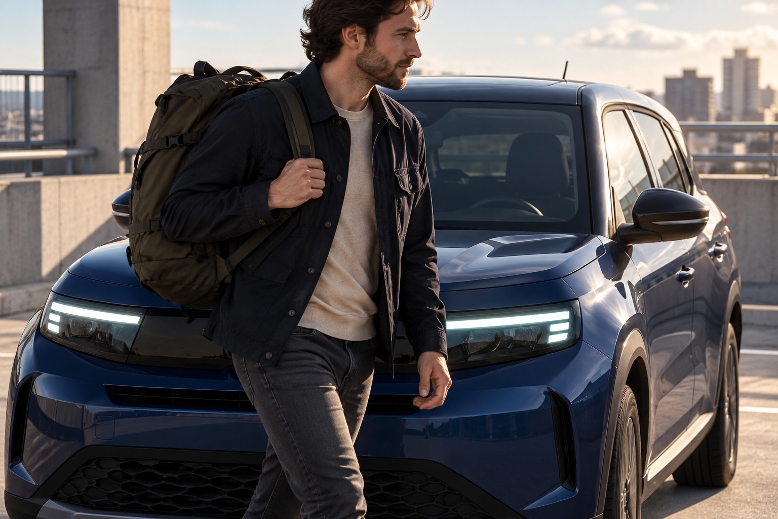 Beim Opel Frontera Hybrid sollten Sitzkonfiguration und Fahrerkreis zur Autoversicherung passen. Mann mit Rucksack vor einem blauen Opel Frontera auf einem Parkdeck