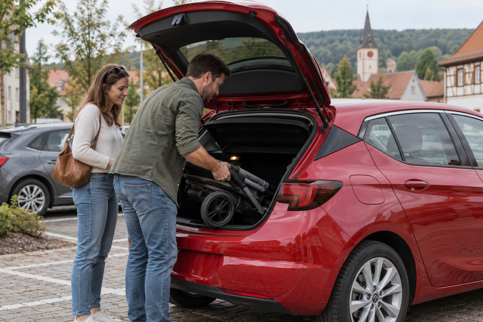 Opel Autoversicherung: Zusatzentschädigung bei Totalverlust getrennt vom Kaskoschutz prüfen. Paar lädt einen zusammengeklappten Kinderwagen in einen roten Kompaktwagen