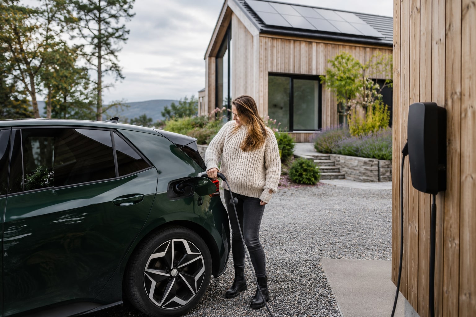 Pangaea Life E-Drive: Frau schließt ein grünes Elektroauto an die Ladestation eines Holzhauses an