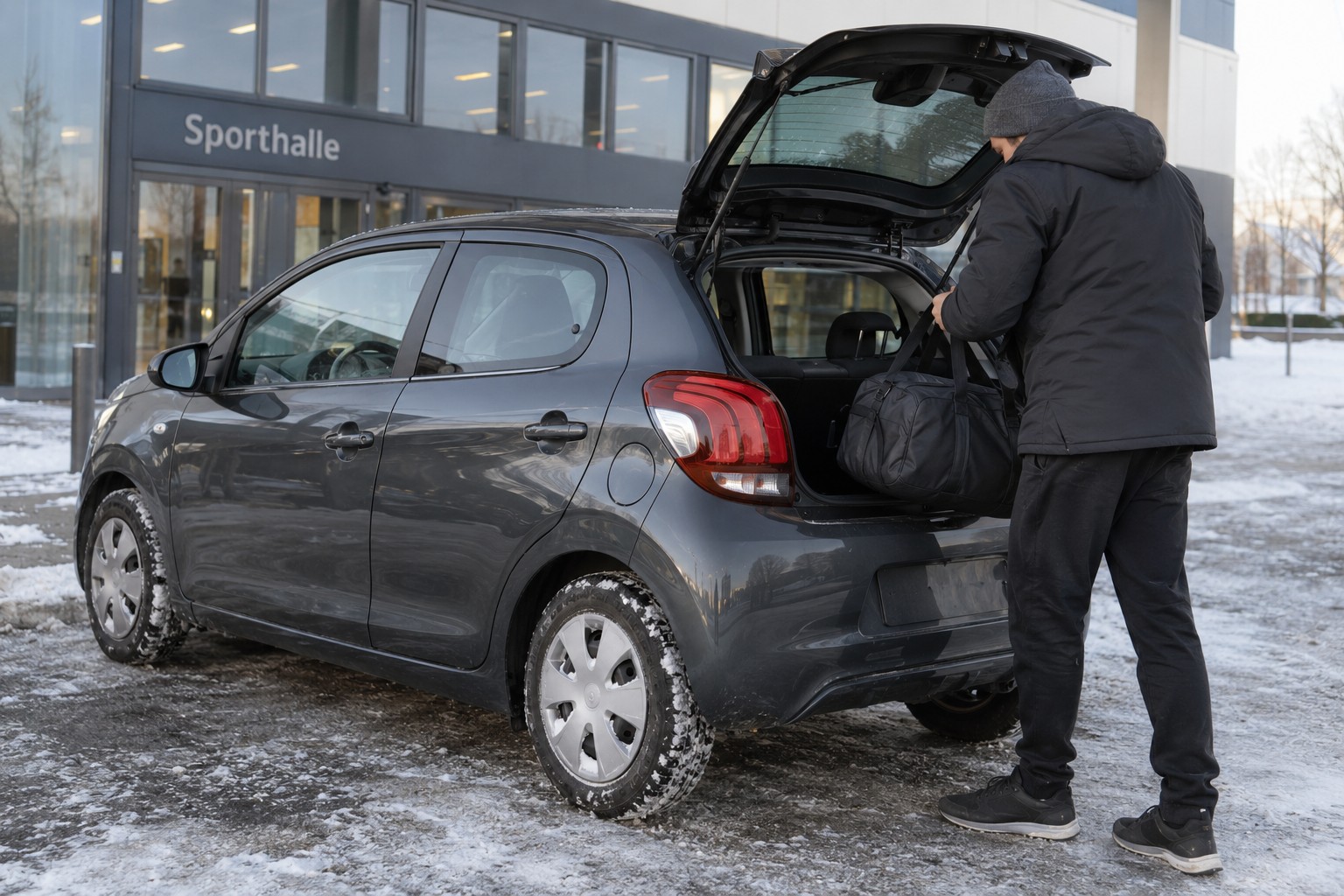 Peugeot 108: 108 TOP! mit Faltdach hat andere Dachmerkmale als der geschlossene Kleinwagen; Kasko und Verschleiß bleiben getrennte Fragen. Dunkelgrauer Peugeot 108 vor einer Sporthalle mit Sporttasche