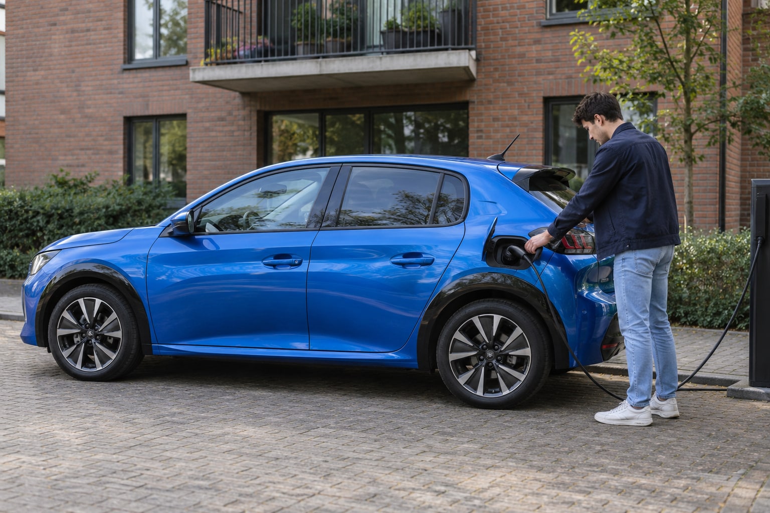 Peugeot Autoversicherung: Mann zieht das Ladekabel aus einem blauen Elektro-Kleinwagen