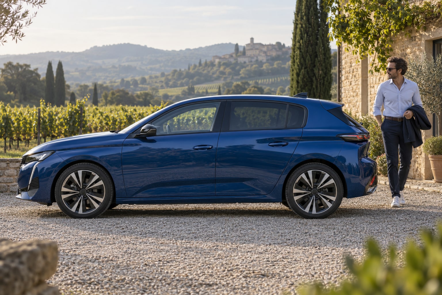 Peugeot Autoversicherung: 208, 308 und 3008 nach Karosserie und Antrieb individuell vergleichen. Blaue Limousine mit Mann vor einer Hügellandschaft: Peugeot Autoversicherung
