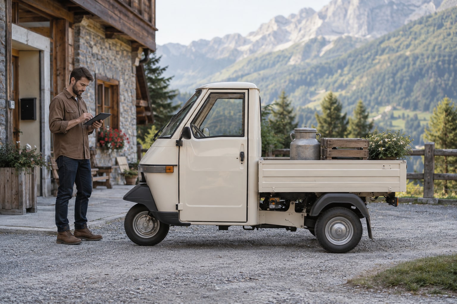 Piaggio Ape Kfz-Versicherung: Dreiradklasse und Verkaufs- beziehungsweise Transportaufbau erfassen. Piaggio Ape: weißer dreirädriger Pritschenwagen vor einem Bergchalet