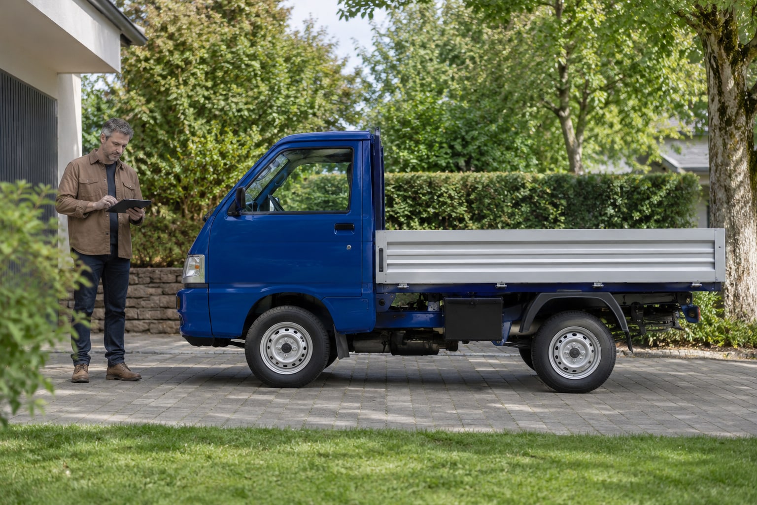 Piaggio Nutzfahrzeugversicherung: Blauer Kleintransporter mit offener Ladefläche vor einem Haus