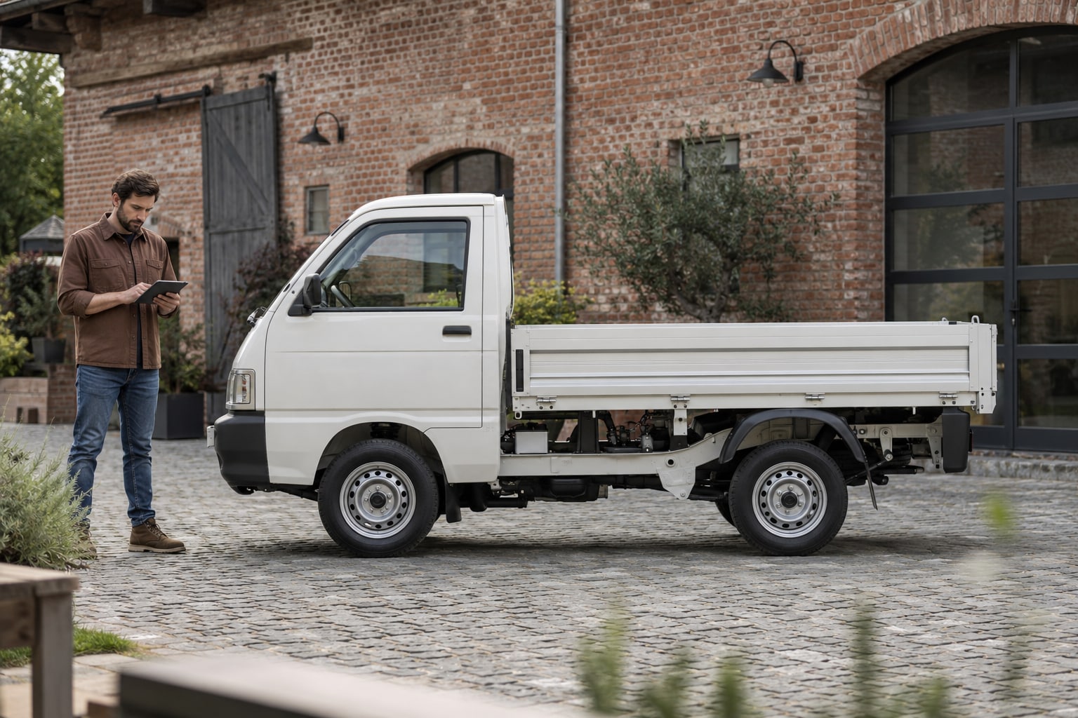 Piaggio Porter: weißer kompakter Pritschenwagen vor einem Backsteingebäude