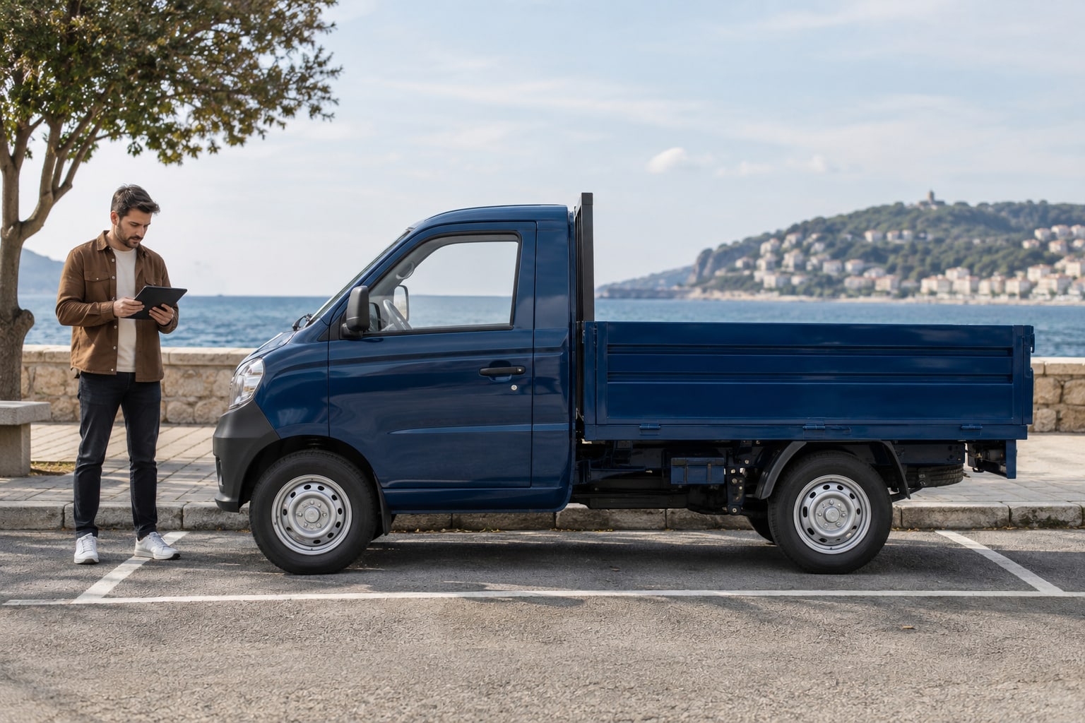 Piaggio Porter NP6 Kfz-Versicherung: City-Truck-Aufbau und CombiFuel-Ausführung erfassen. Piaggio Porter NP6: blauer Pritschenwagen mit Mann am Wasser