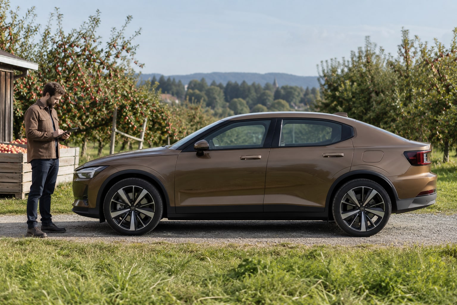 Polestar Kfz-Versicherung: Modelljahr, Motorzahl und Karosserie mit passender Elektro-Kasko vergleichen. Polestar Autoversicherung: Bronzefarbene flache Limousine mit Mann an einer Wiese