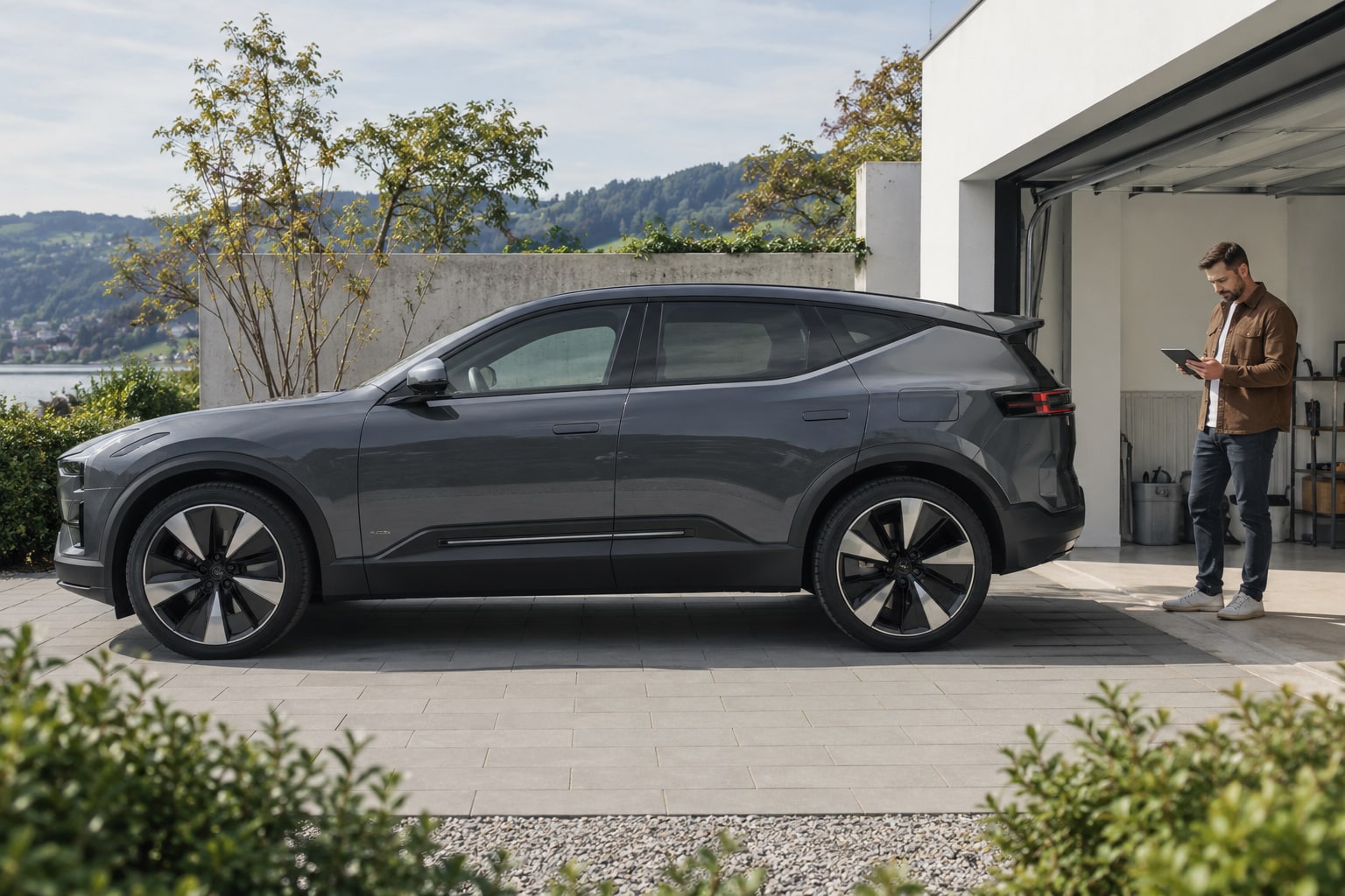 Polestar 3 Kfz-Versicherung: SUV-Motorisierung und technischen Stand berücksichtigen. Grauer Elektro-SUV mit Mann an einer Garage: Polestar Polestar 3 Autoversicherung