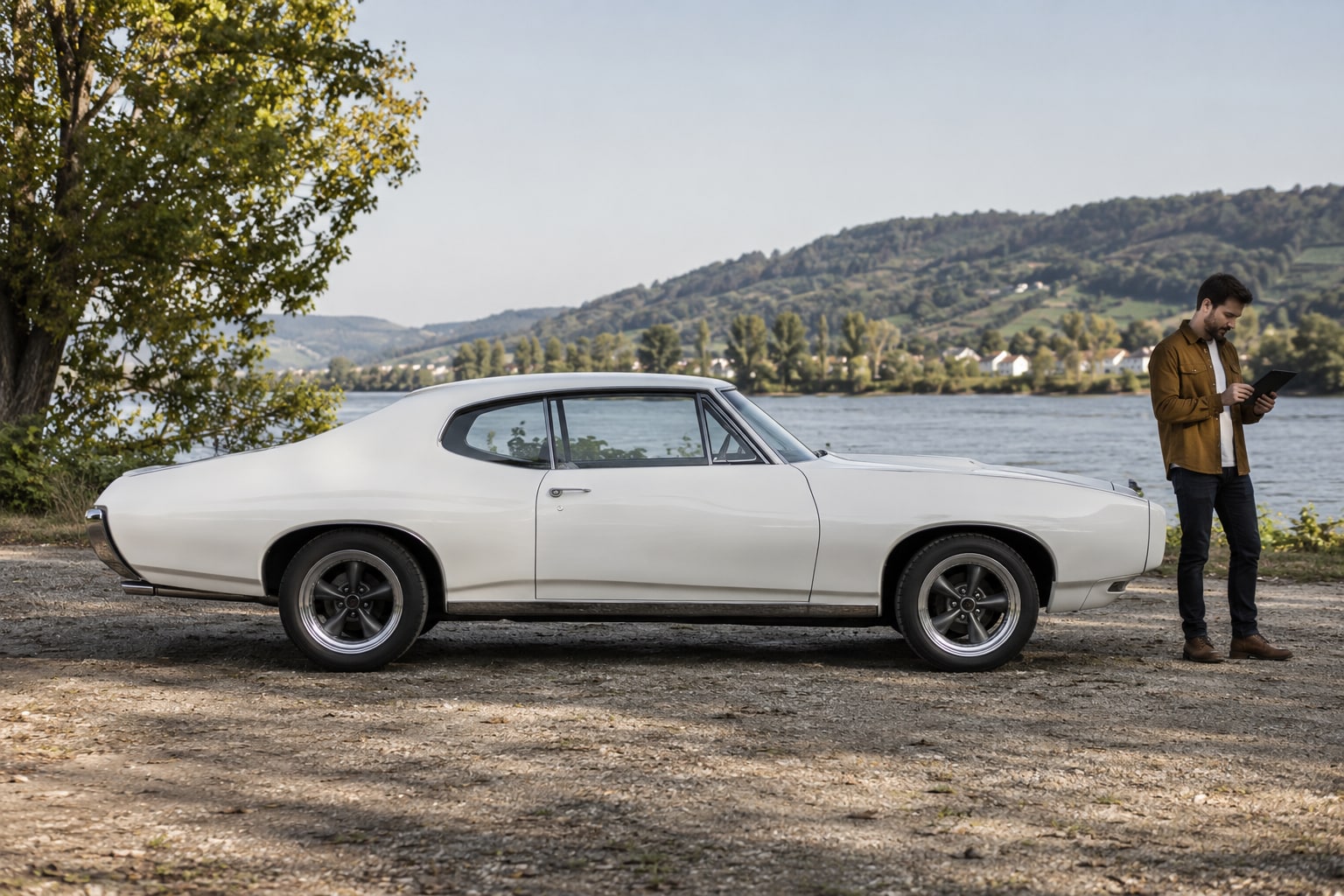 Weißes klassisches Coupé mit Mann vor einer Hügellandschaft: Pontiac GTO Autoversicherung